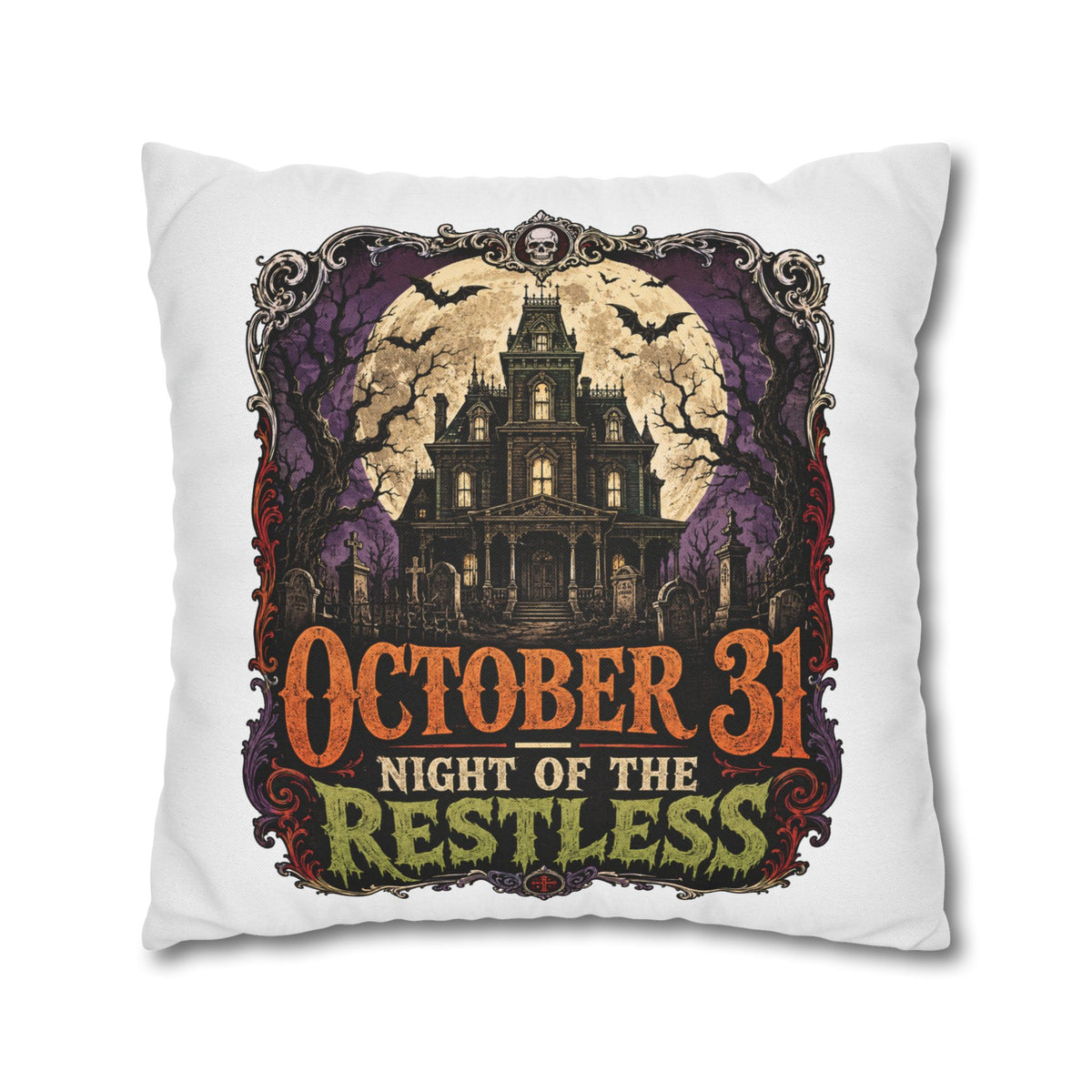 Halloween Pillowcase — "October 31 Night of the Restless" Haunted House Throw Pillow