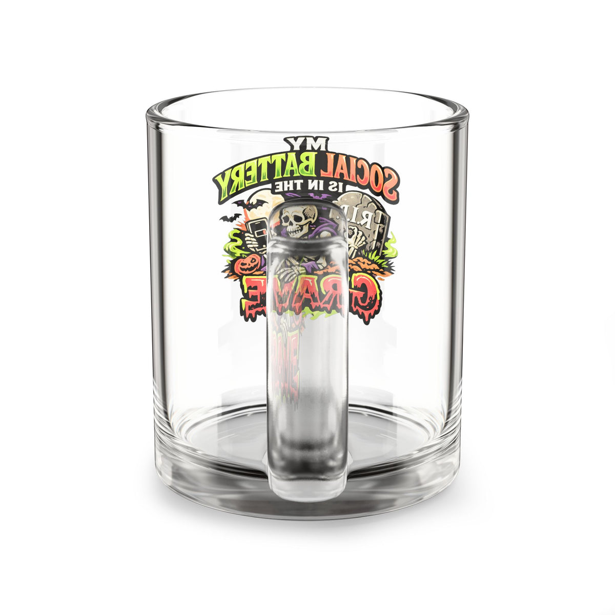 Halloween Glass Mug 10 oz  Glass Mug — "My Social Battery Is in the Grave" Halloween Skeleton Coffee Cup