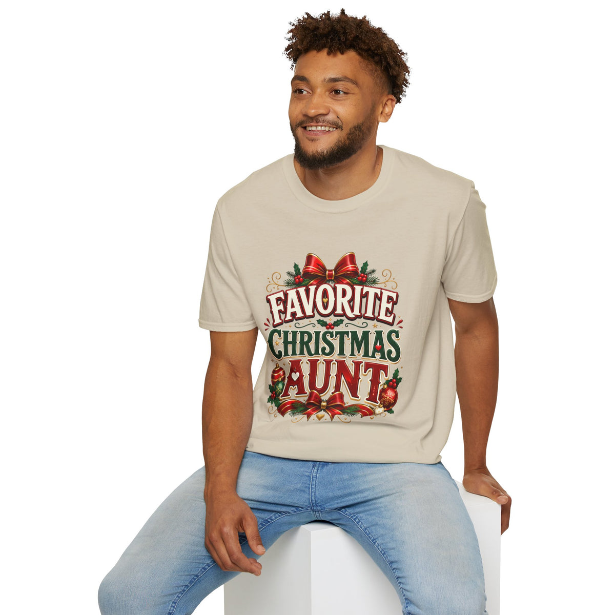 Favorite Christmas Aunt T-Shirt — Festive Holiday Auntie Tee with Bow & Holly