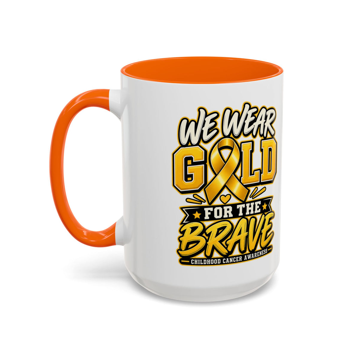 Childhood Cancer Awareness Accent Coffee Mug – "We Wear Gold for the Brave" (11/15 oz)