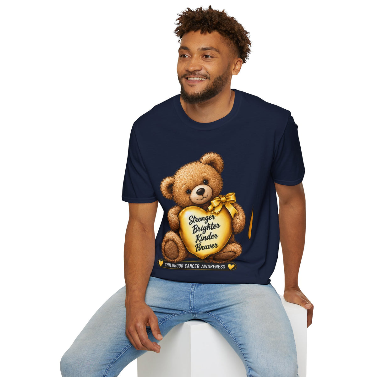 Childhood Cancer Awareness Teddy T-Shirt — "Stronger Brighter Kinder Braver"