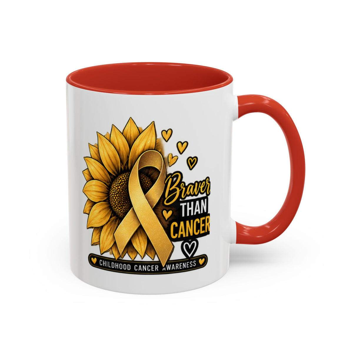 Childhood Cancer Awareness Mug — "Braver Than Cancer" Sunflower & Gold Ribbon