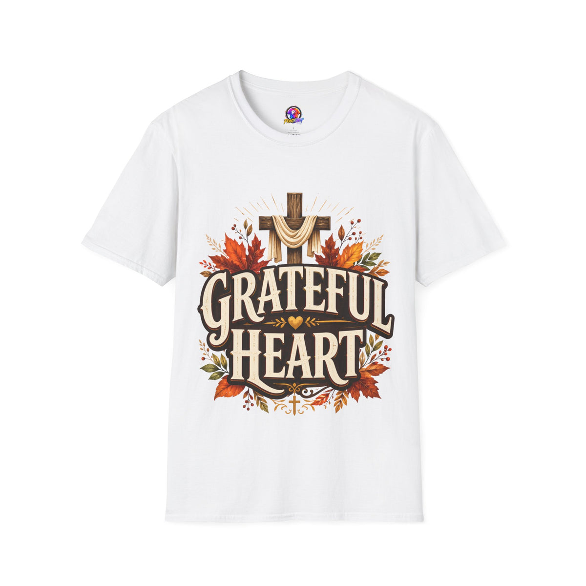 Thanksgiving T-Shirt Grateful Heart T-Shirt — Christian Cross & Autumn Leaves Thanksgiving Tee