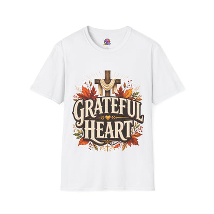 Grateful Heart T-Shirt — Christian Cross & Autumn Leaves Thanksgiving Tee