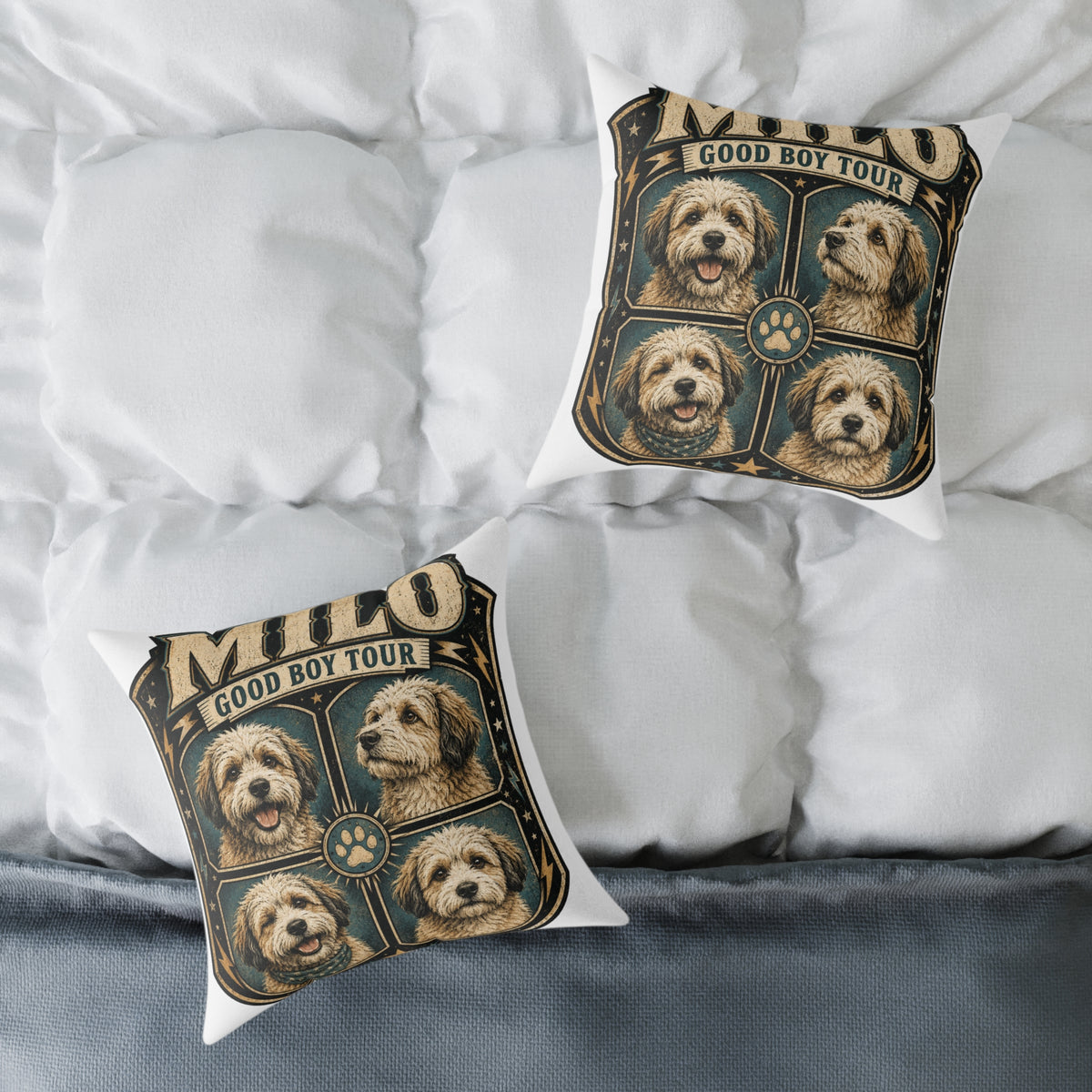 Dog Portrait Pillow - "Good Boy Tour" Vintage Puppy Square Throw Pillow  Milo Bailey Dog Dad Mom