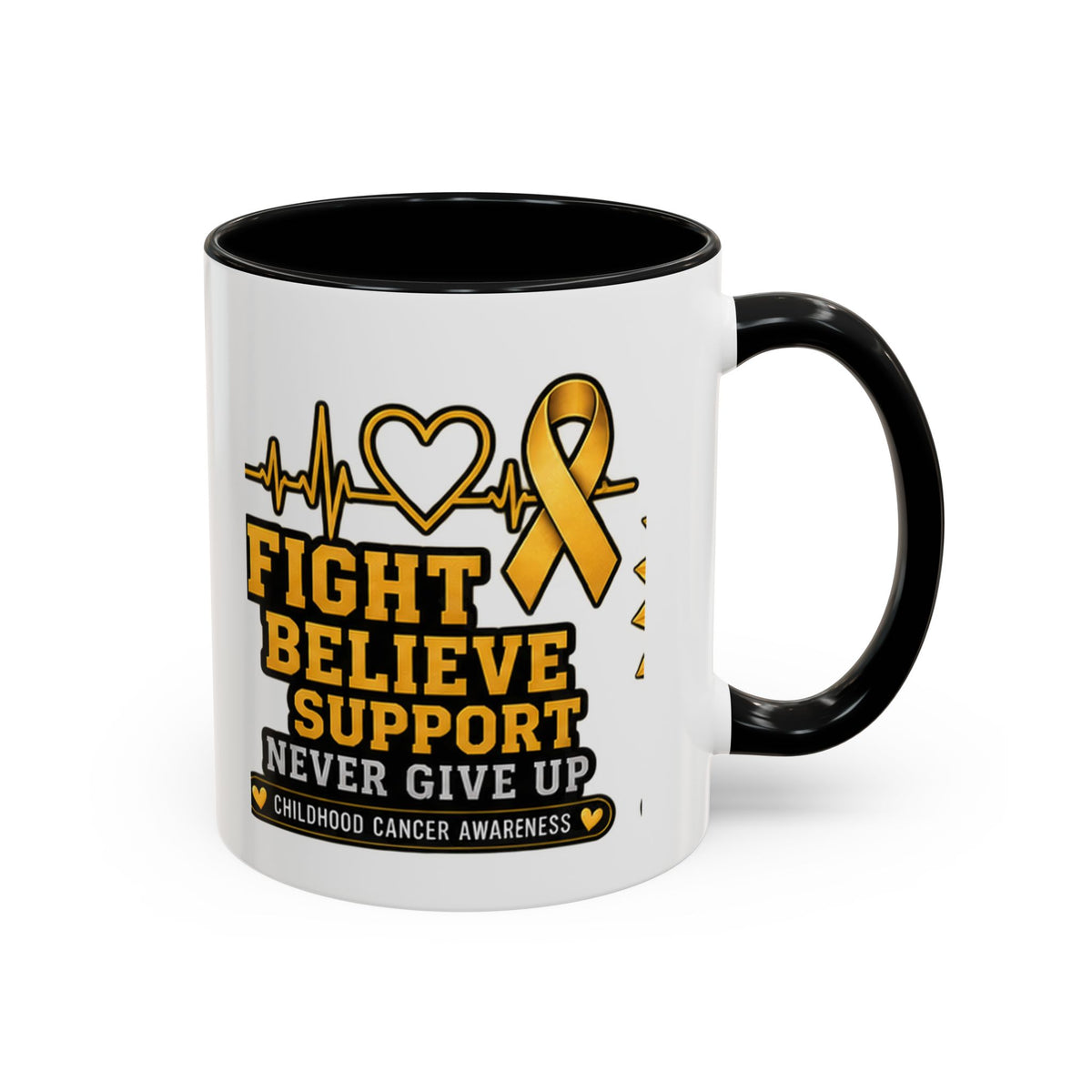 Childhood Cancer Awareness Accent Coffee Mug — "Fight Believe Support" 11/15oz