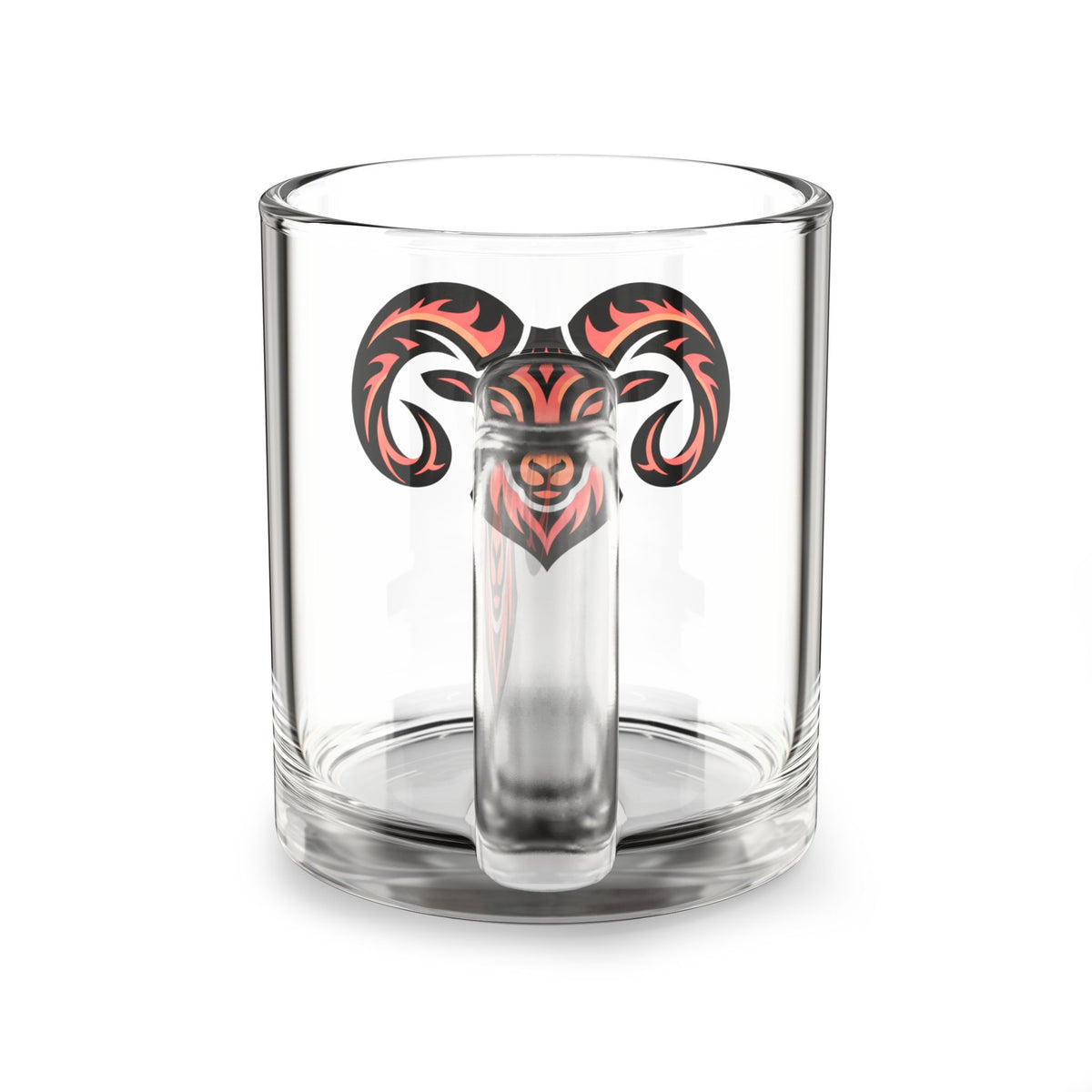 Aries Ram Head Glass Mug — Bold Tribal Aries Coffee Cup (10 oz)