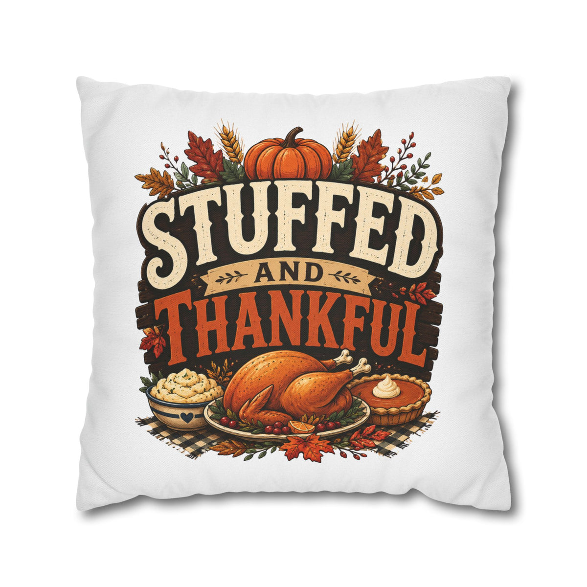 Thanksgiving Decorative Pillowcase – “Stuffed and Thankful” Autumn Throw Pillowcase