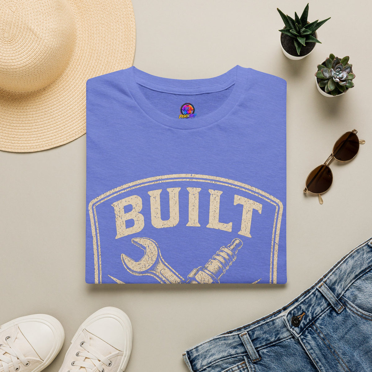 Built Not Bought T-Shirt — Vintage Mechanic Wrench & Spark Plug Design