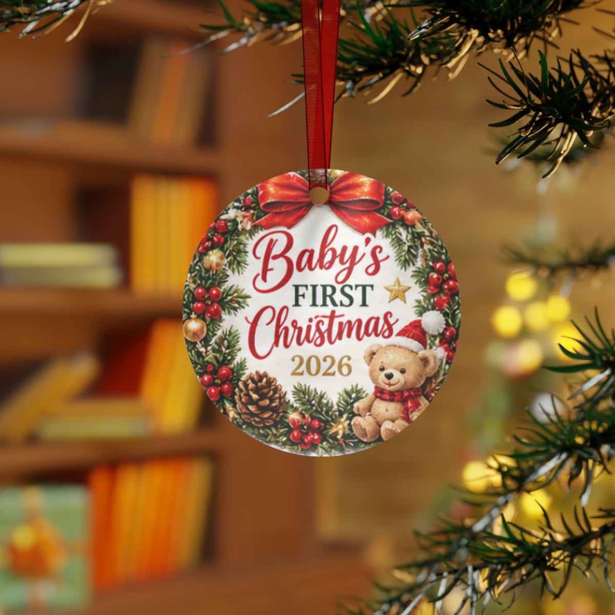 Baby's First Christmas 2026 Metal Ornament — Teddy Wreath Holiday Keepsake