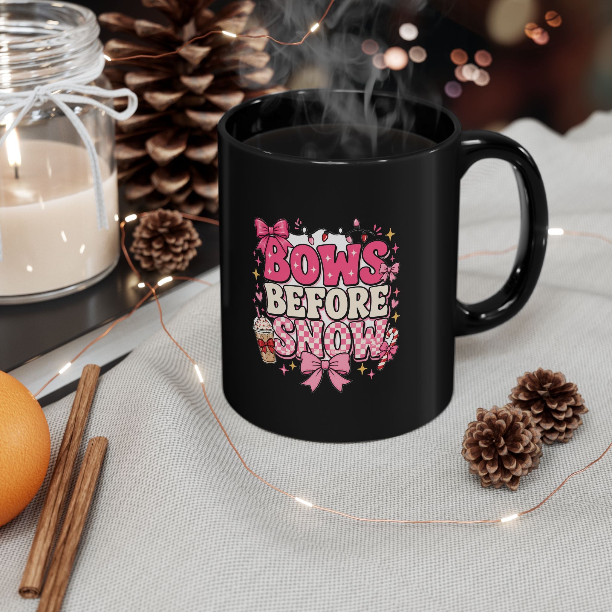 Modern Day Christmas Bows Before Snow Black Mug – Cute Pink Winter Bow Coffee Cup