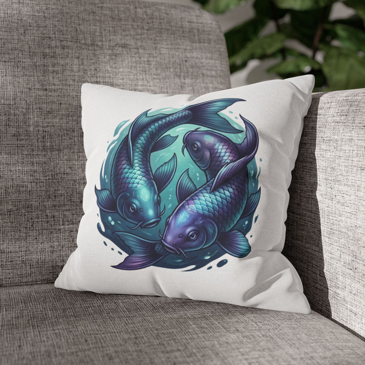 Pisces Koi Fish Decorative Pillowcase — Blue Yin Yang Aquatic Throw Pillow Cover