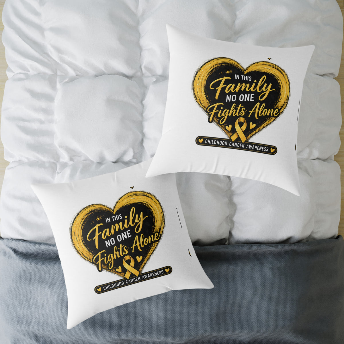 Childhood Cancer Awareness Pillow — "In This Family No One Fights Alone" Square Throw Pillow