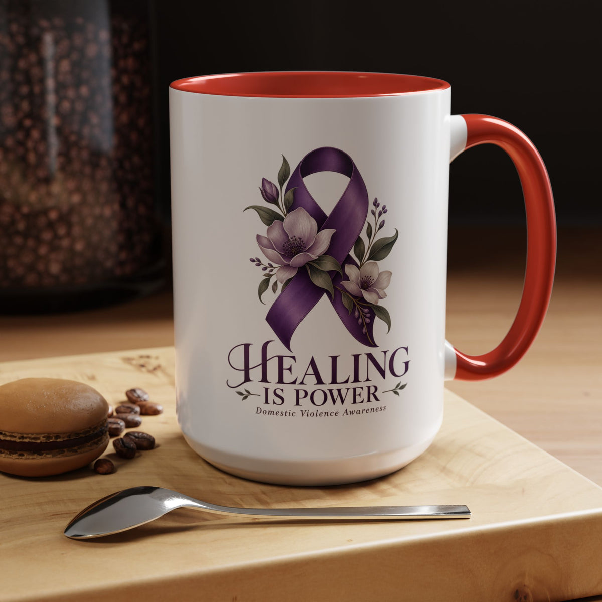Healing Is Power Purple Ribbon Coffee Mug — Domestic Violence Awareness Accent Mug (11/15oz)