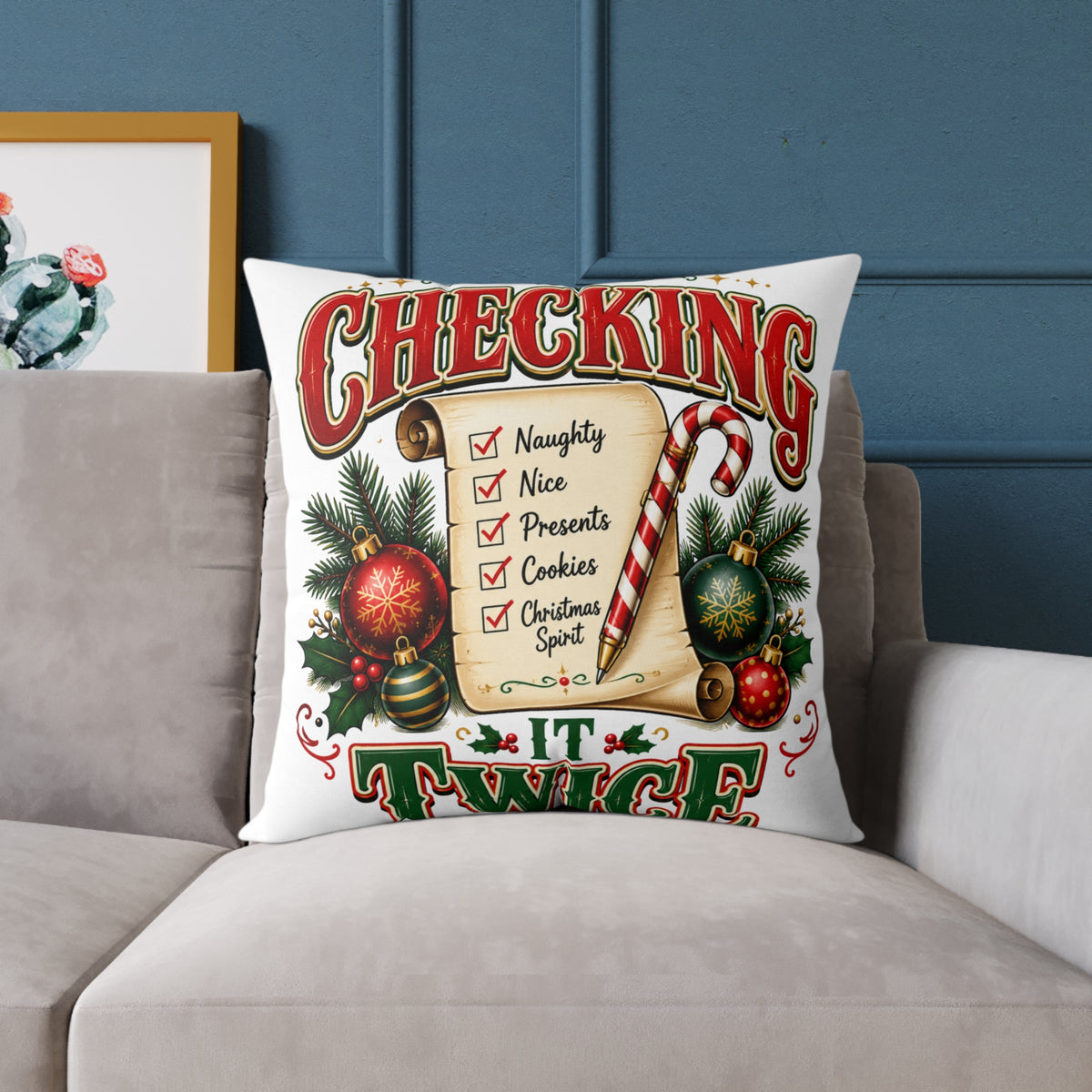 Christmas Checking It Twice Square Poly Canvas Pillow
