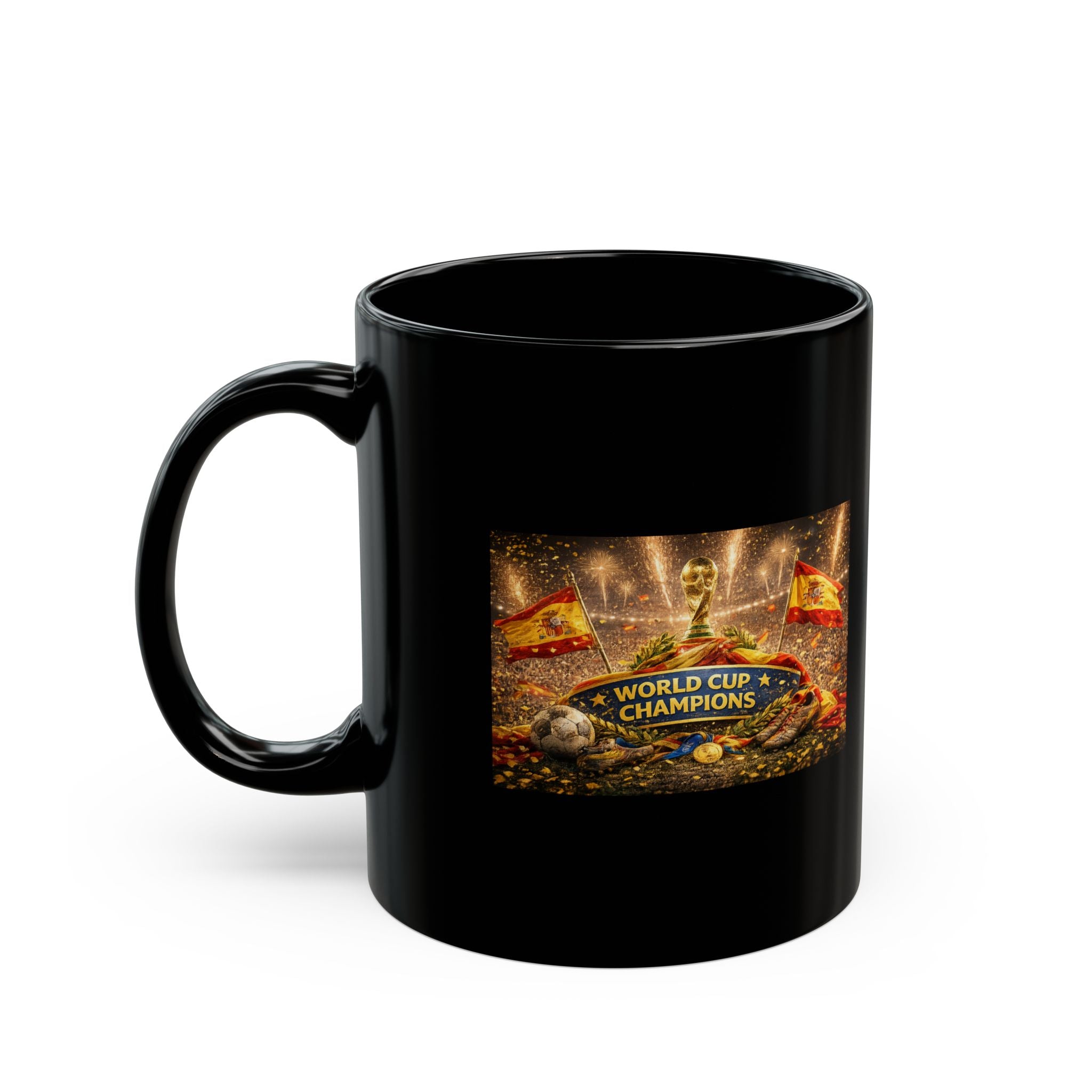 World Cup Champions Black Mug — Soccer Trophy Celebration Coffee Cup