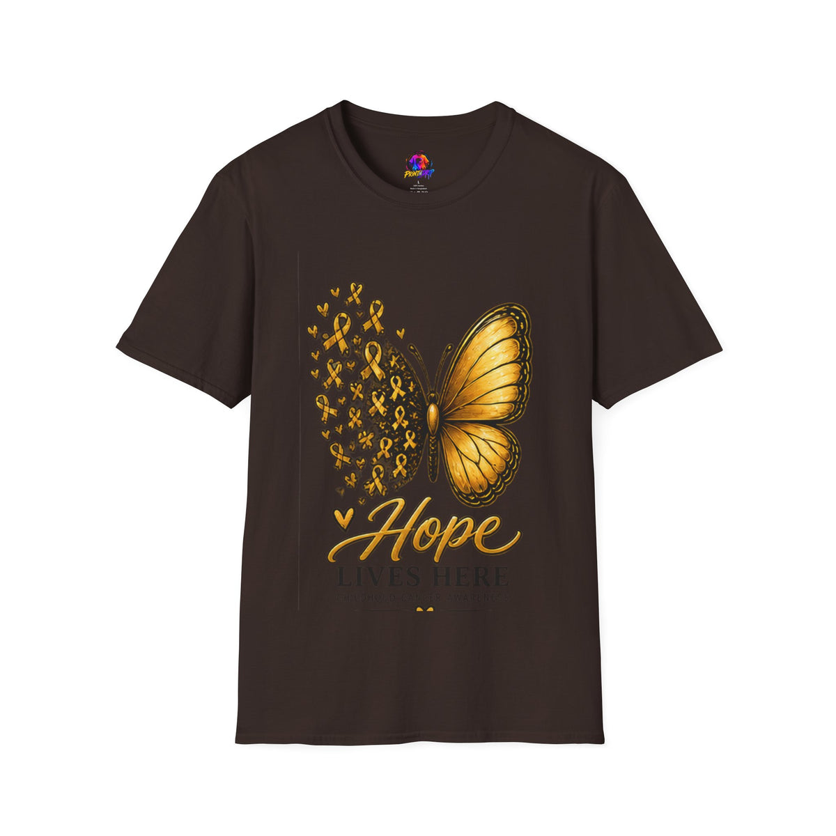 Hope Lives Here Gold Ribbon Butterfly Childhood Cancer Awareness T-Shirt
