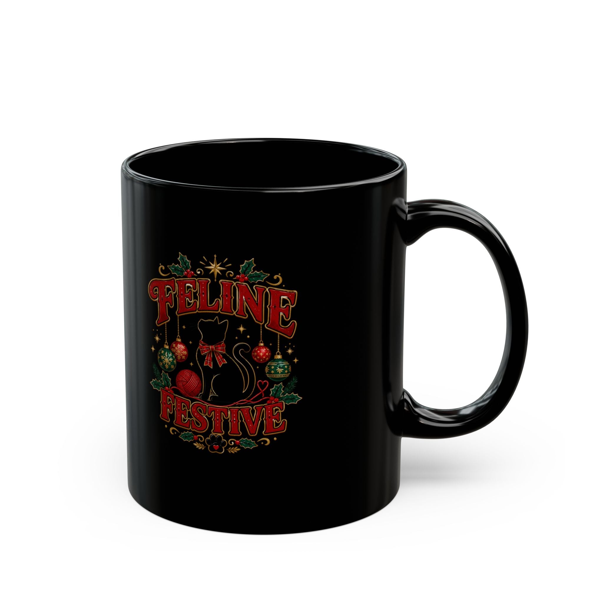 Feline Festive Black Mug — Christmas Cat Holiday Coffee Cup (