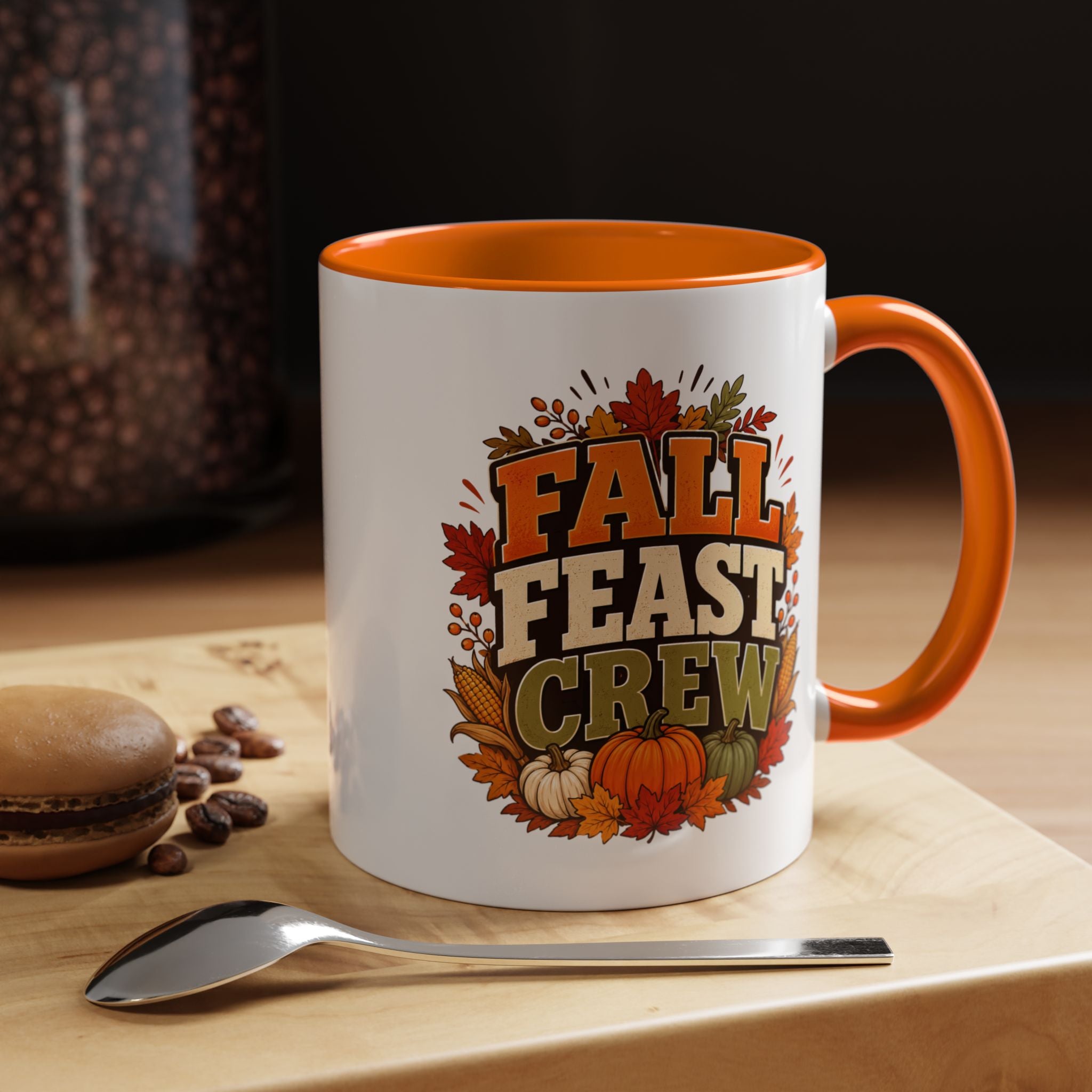 Thanksgiving Mug Fall Feast Crew Coffee Mug — Thanksgiving Pumpkin Autumn Leaves Accent Mug