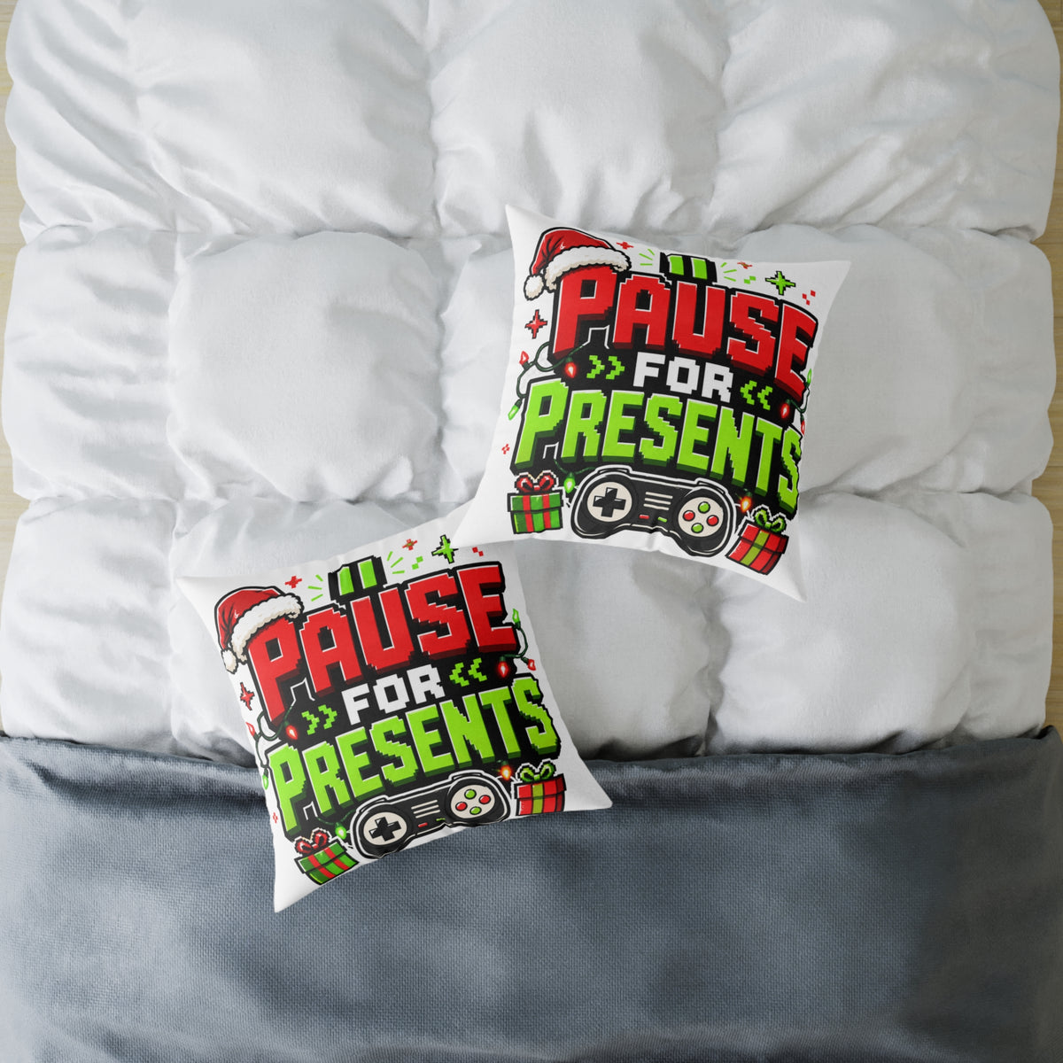 Modern Day Christmas Holiday Gamer Pillow — "Pause for Presents" Christmas Gaming Throw Pillow