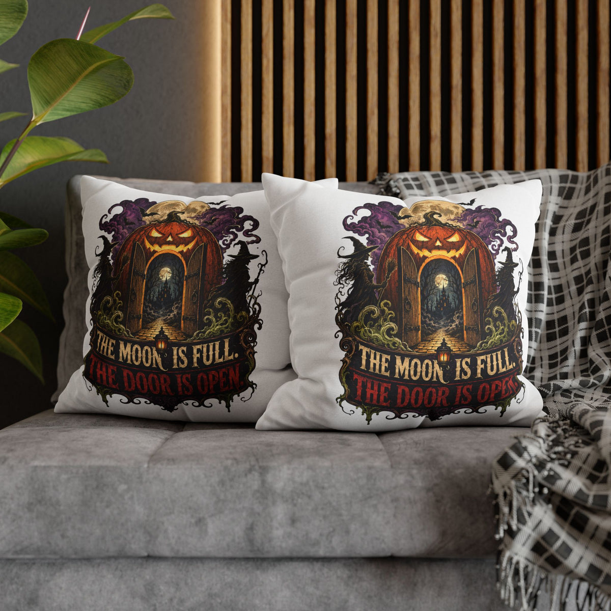 Halloween Pumpkin Door Pillowcase - "The Moon Is Full, The Door Is Open" Spun Polyester Throw Pillow