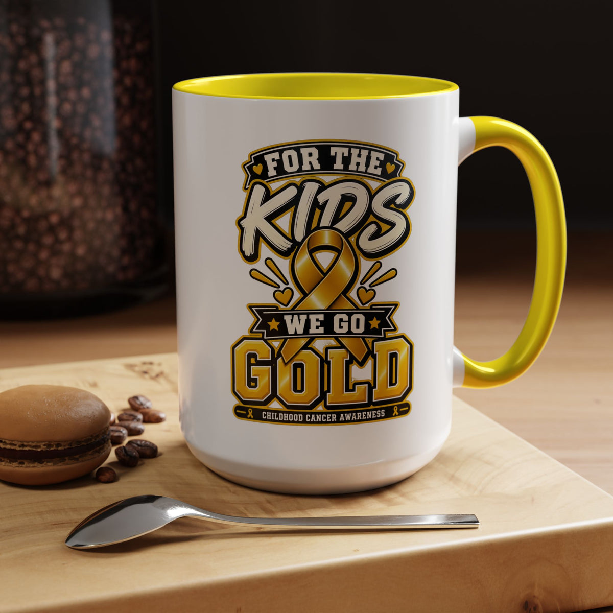 For The Kids We Go Gold Accent Coffee Mug — Childhood Cancer Awareness 11/15oz
