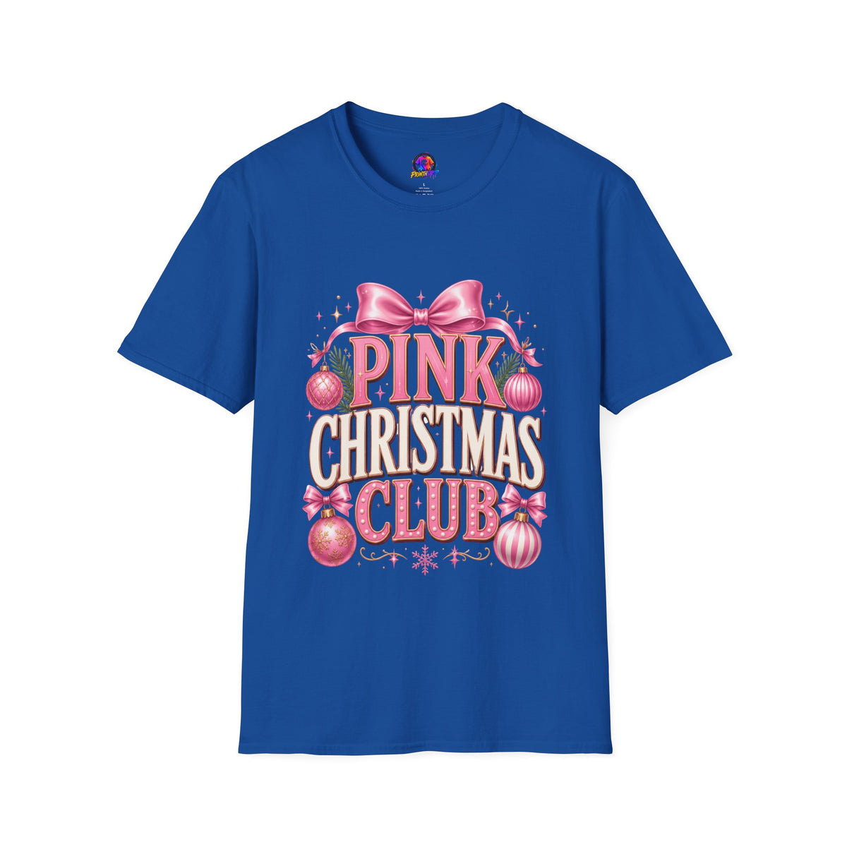 Pink Christmas Club T-Shirt — Womens Festive Holiday Tee with Bow & Ornaments