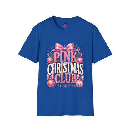 Pink Christmas Club T-Shirt — Womens Festive Holiday Tee with Bow & Ornaments