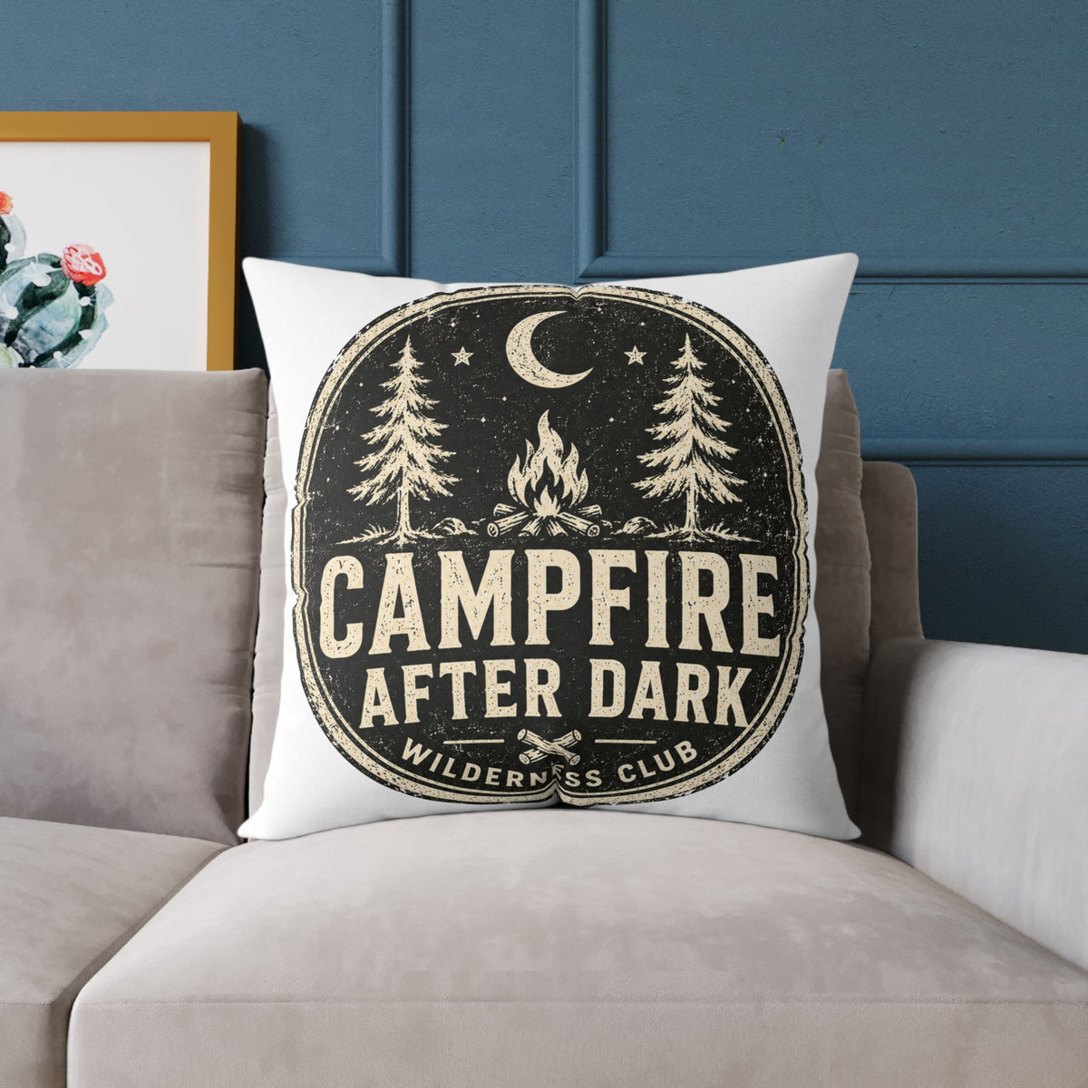 Campfire After Dark Decorative Pillow  Milo Bailey Dog Dad Mom— Retro Wilderness Camping Throw Pillow