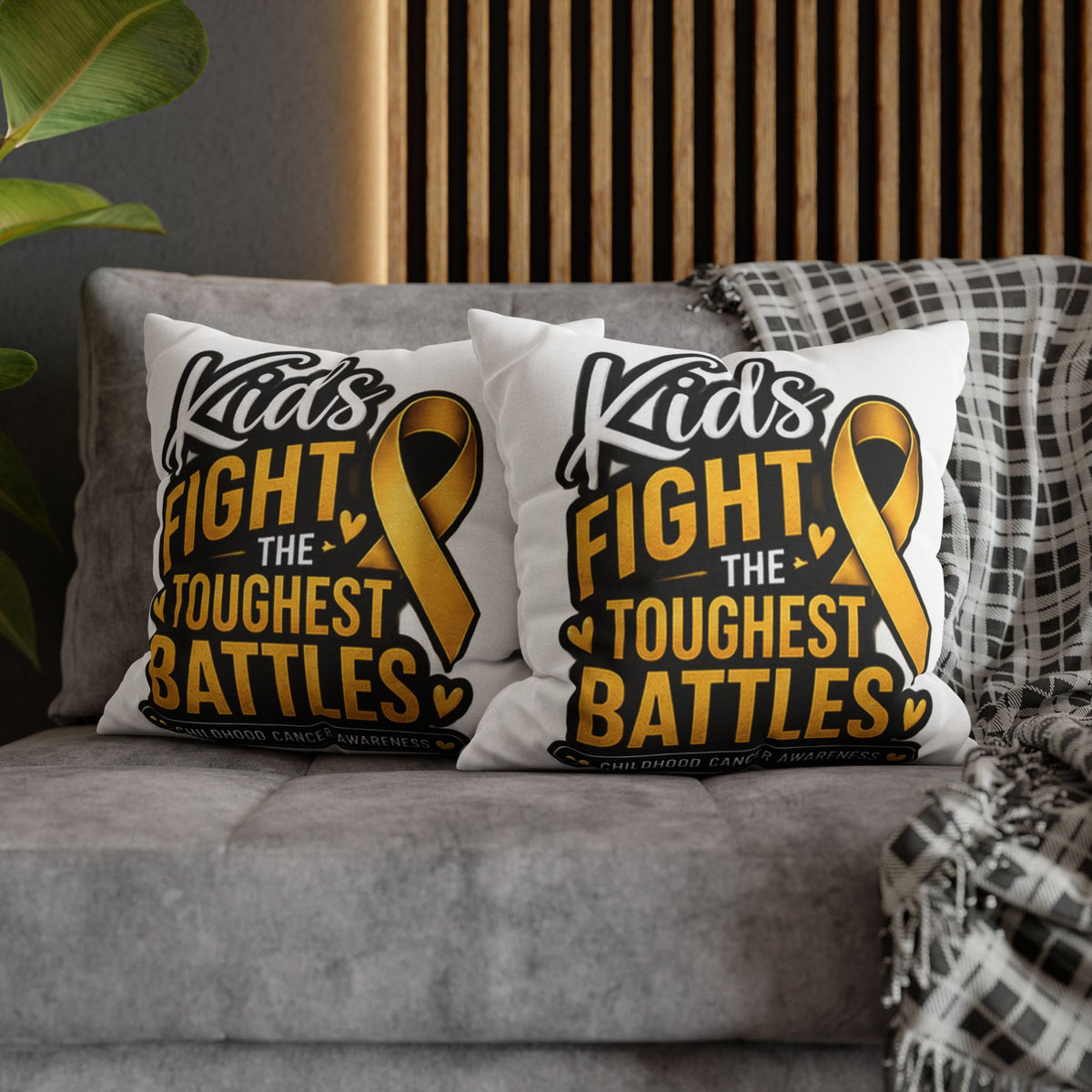 Childhood Cancer Awareness Pillowcase – “Kids Fight the Toughest Battles” Gold Ribbon Throw Pillow