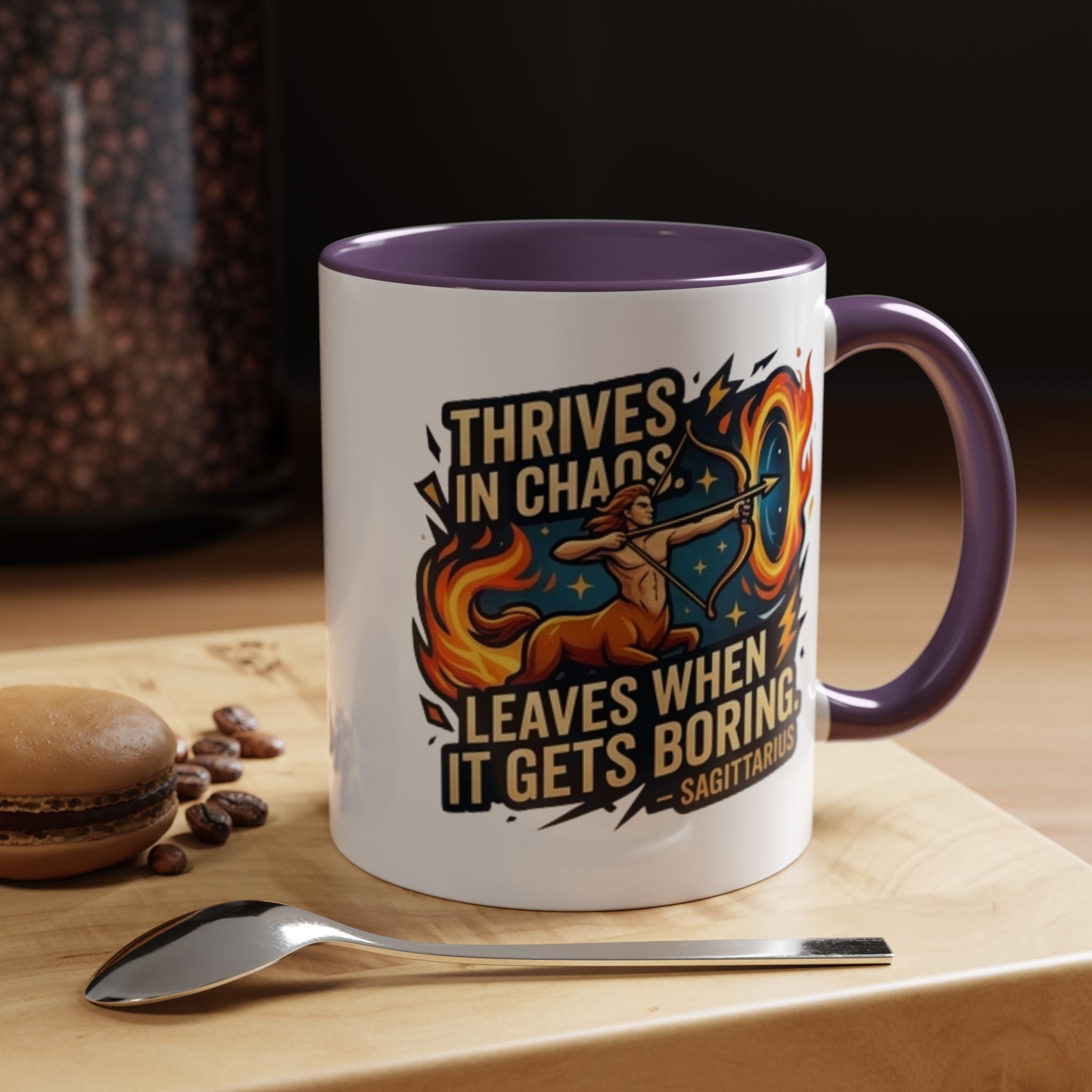 Sagittarius Coffee Mug – "Thrives in Chaos, Leaves When It Gets Boring" Accent Mug