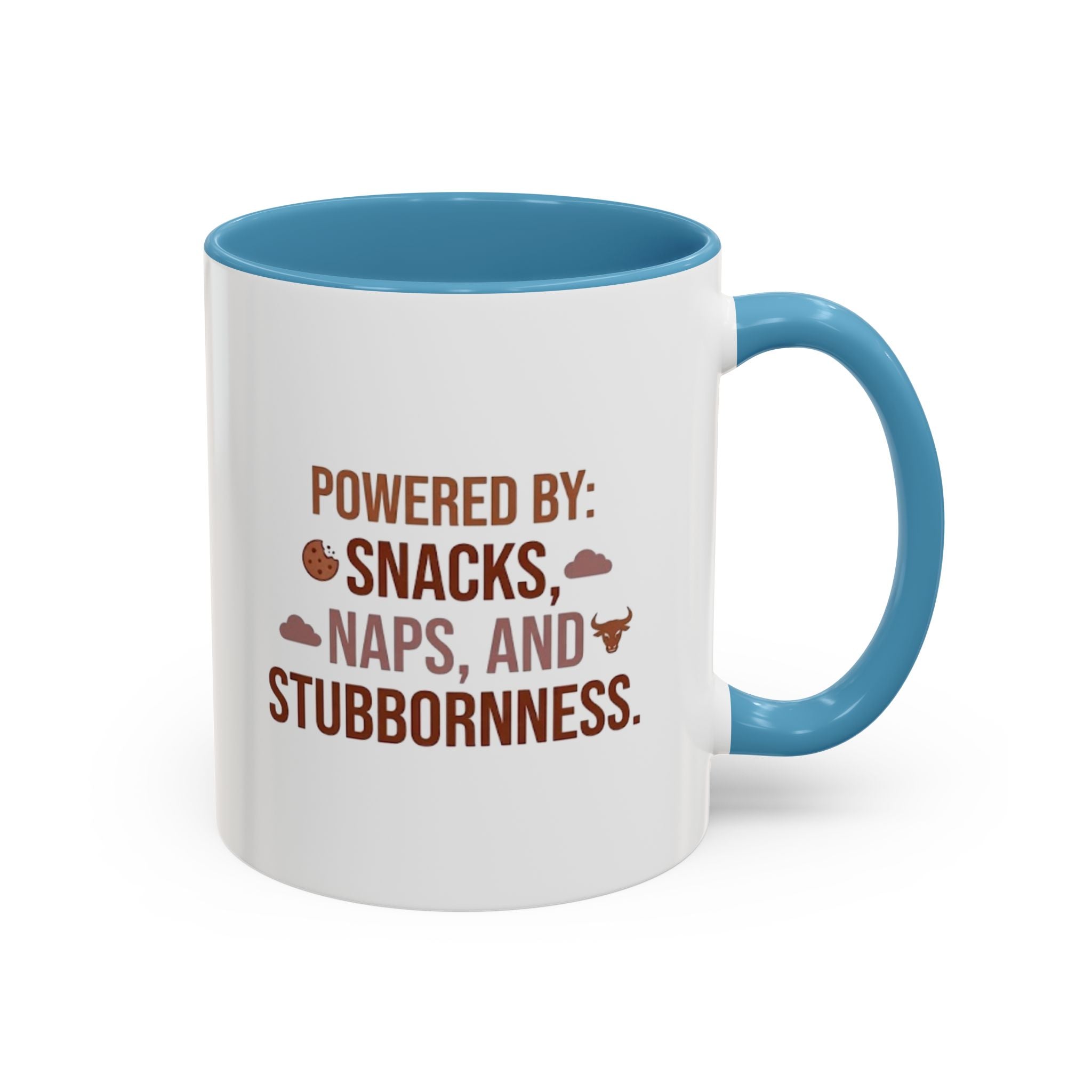 Coffee Mug — "Powered by: Snacks, Naps, and Stubbornness" Ceramic Accent Mug
