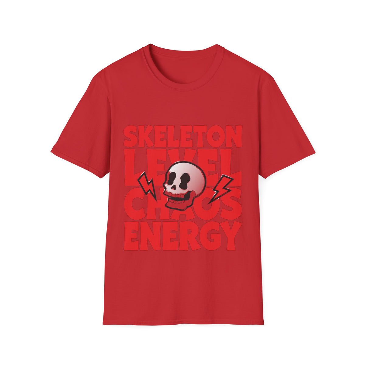 Skeleton Level Chaos Energy Red Block Tee - Bold Skull Lightning Graphic T-Shirt - Trending Now - September 2026