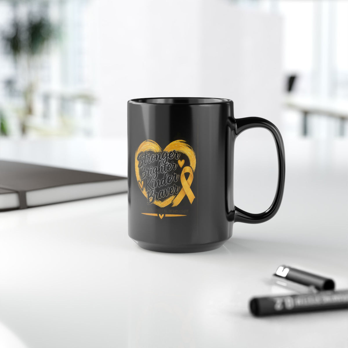 Childhood Cancer Stronger, Brighter, Kinder, Braver Yellow Ribbon Awareness Mug