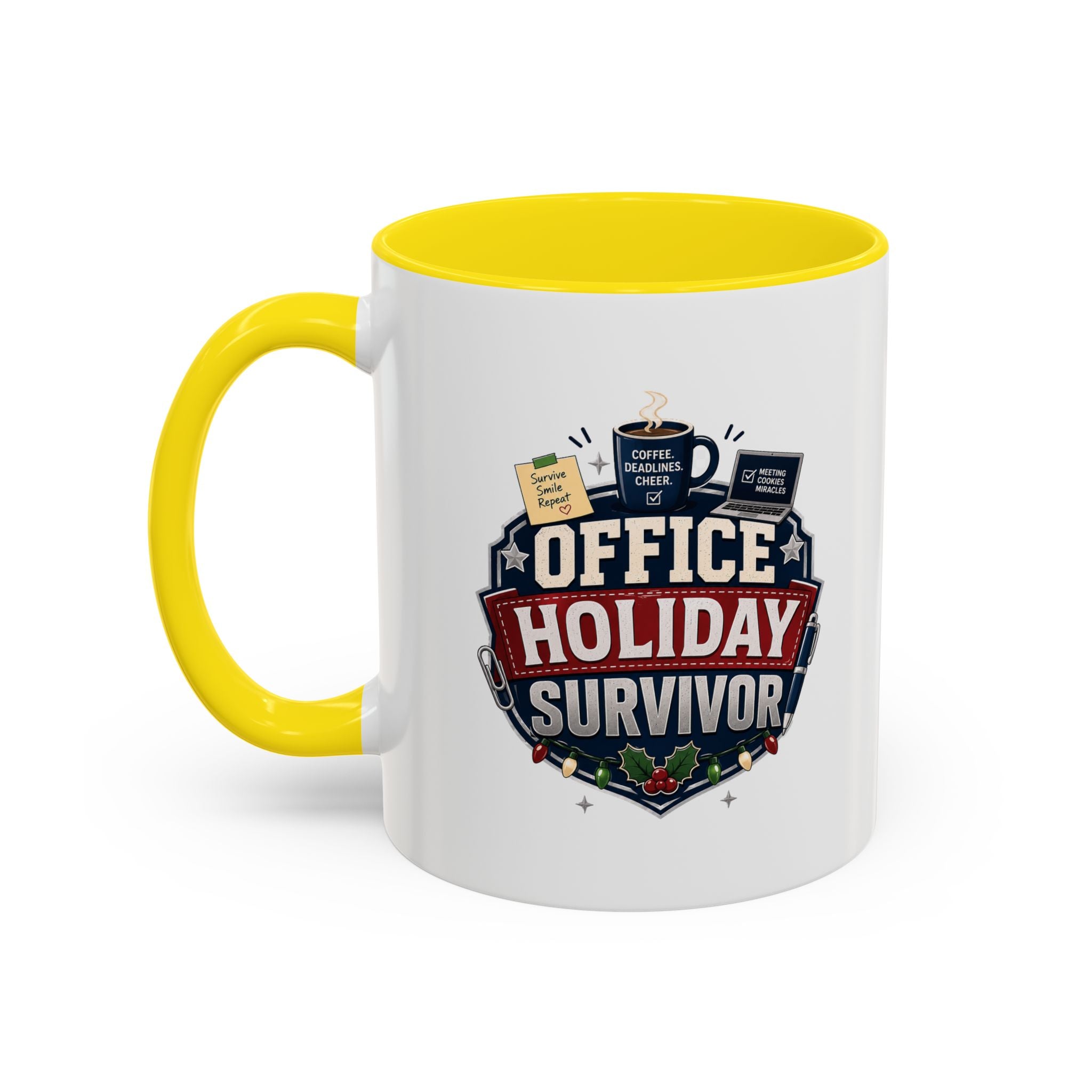 Modern Day Christmas Office Holiday Survivor Accent Coffee Mug – Funny Christmas Office Gift