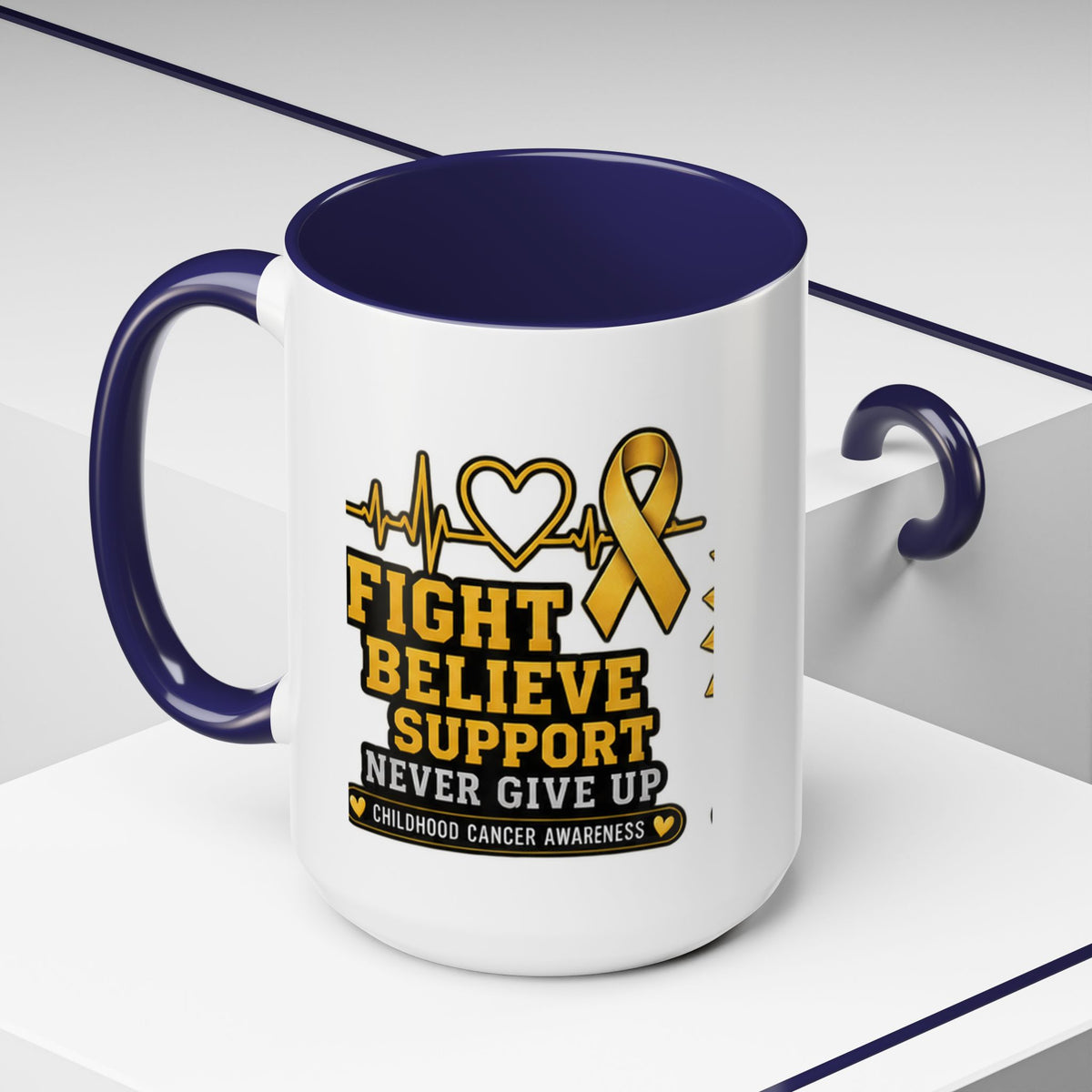 Childhood Cancer Awareness Accent Coffee Mug — "Fight Believe Support" 11/15oz