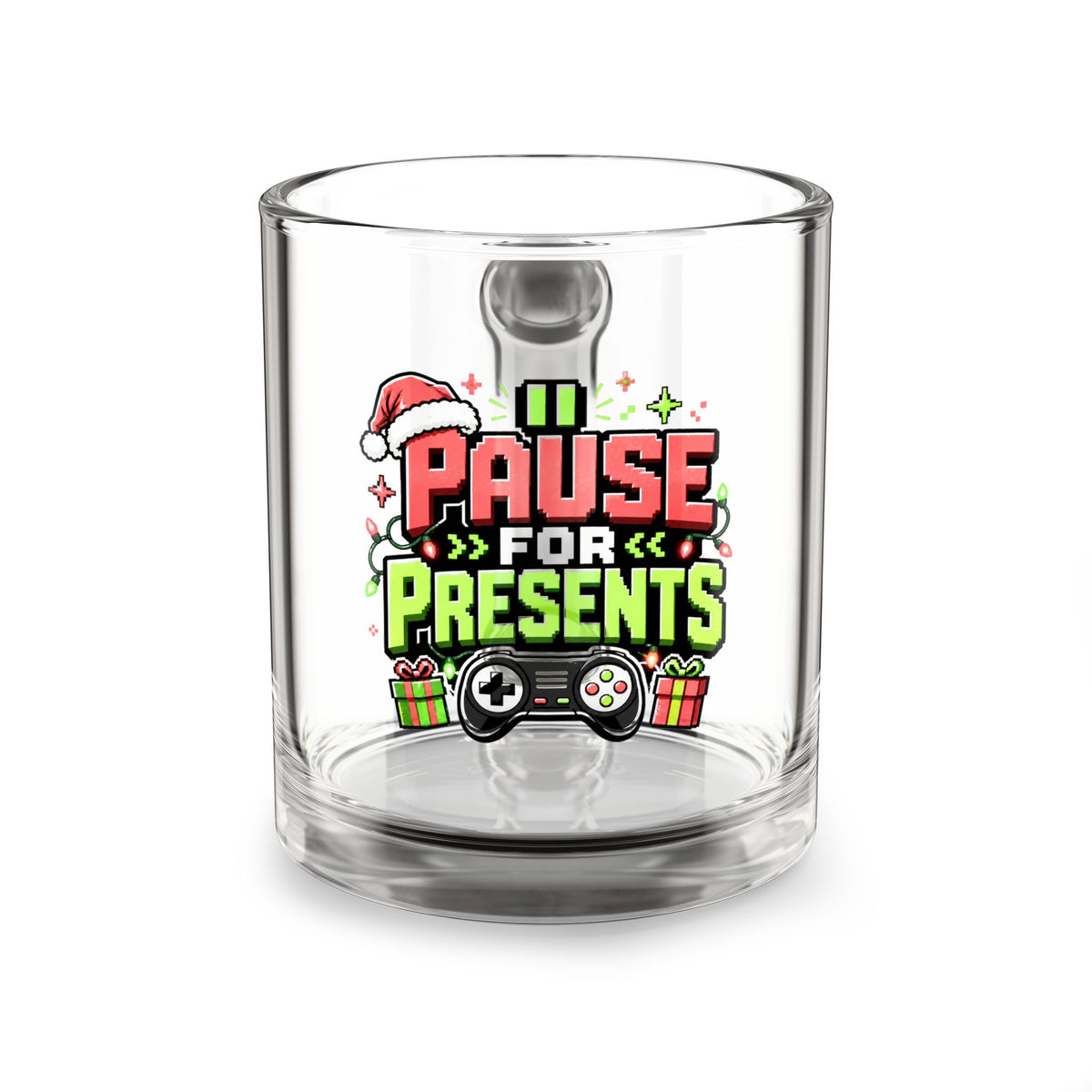 Modern Day Christmas Glass Mug  10oz Glass Mug — "Pause for Presents" Gamer Christmas Coffee Mug