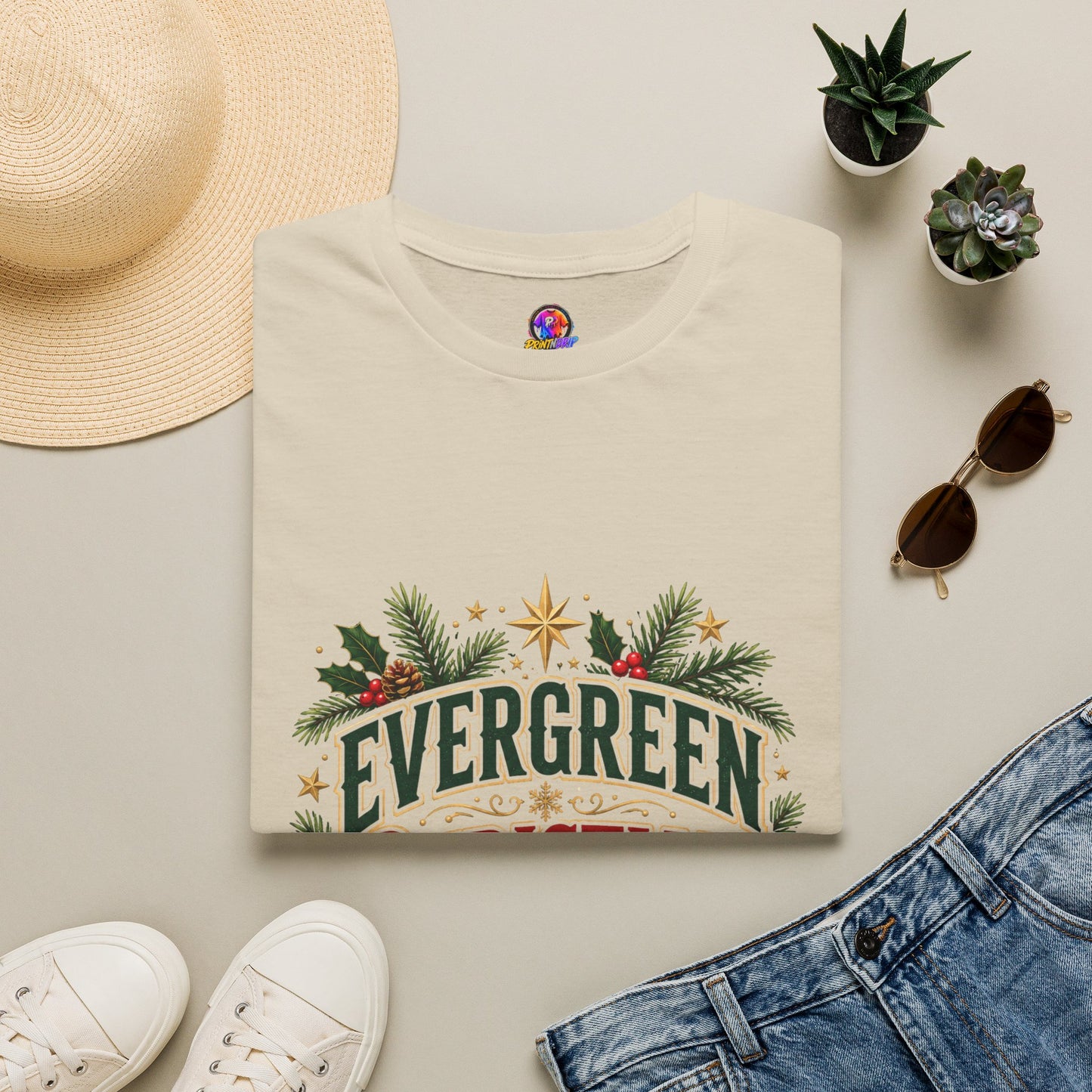 Evergreen Christmas Club T-Shirt — Vintage Holiday Pine & Ornaments Tee