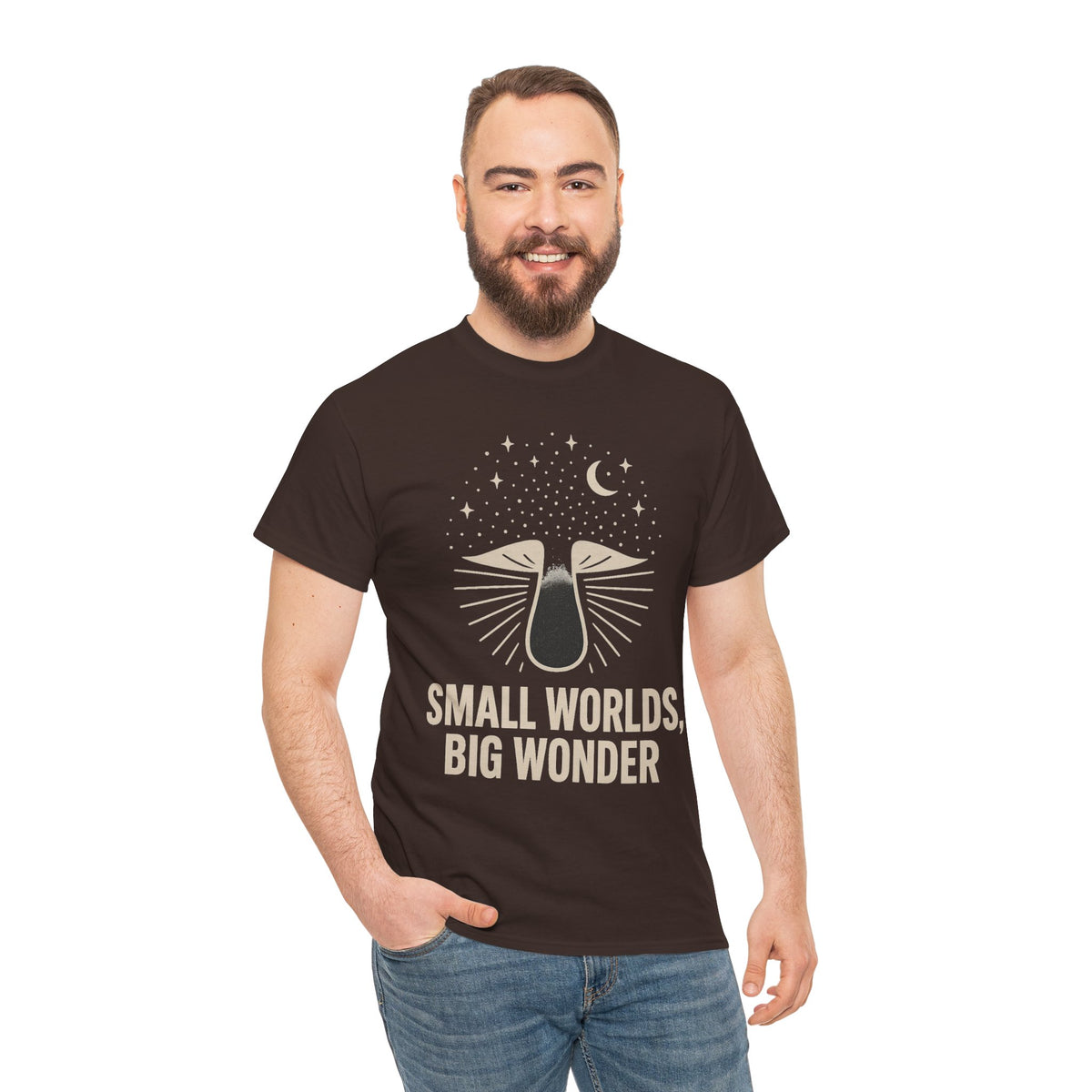 Small Worlds Big Wonder Celestial Mushroom Tee - Aesthetic Nature T-Shirt - Trending Now - September 2026