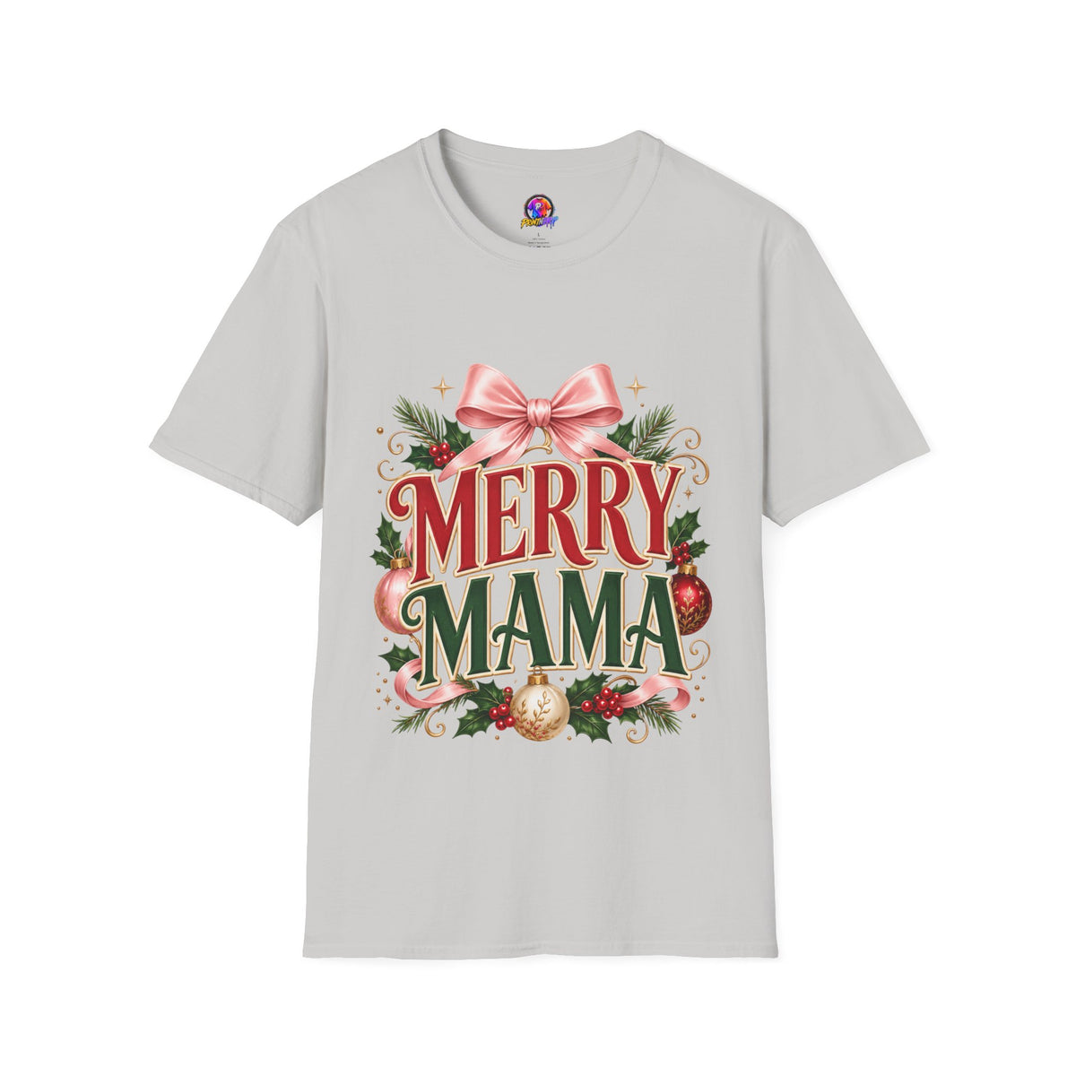 Merry Mama Christmas T-Shirt — Festive Bow & Holiday Greenery Tee