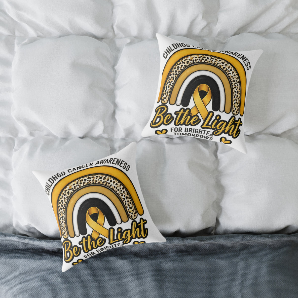 Childhood Cancer Awareness Pillow – "Be the Light" Gold Ribbon Square Pillow