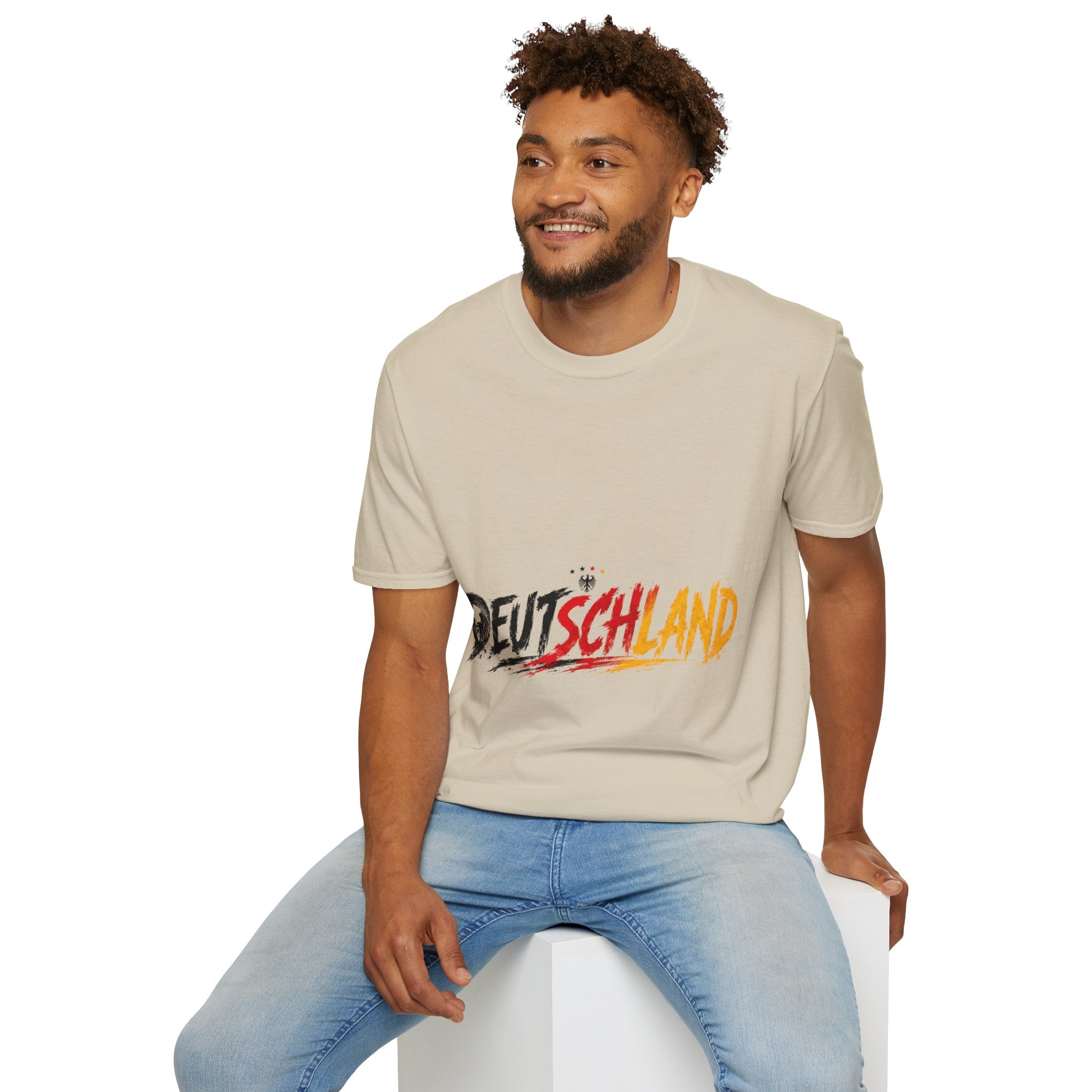 Germany Deutschland Football T-Shirt — Deutschland Script with German Flag Brushstroke