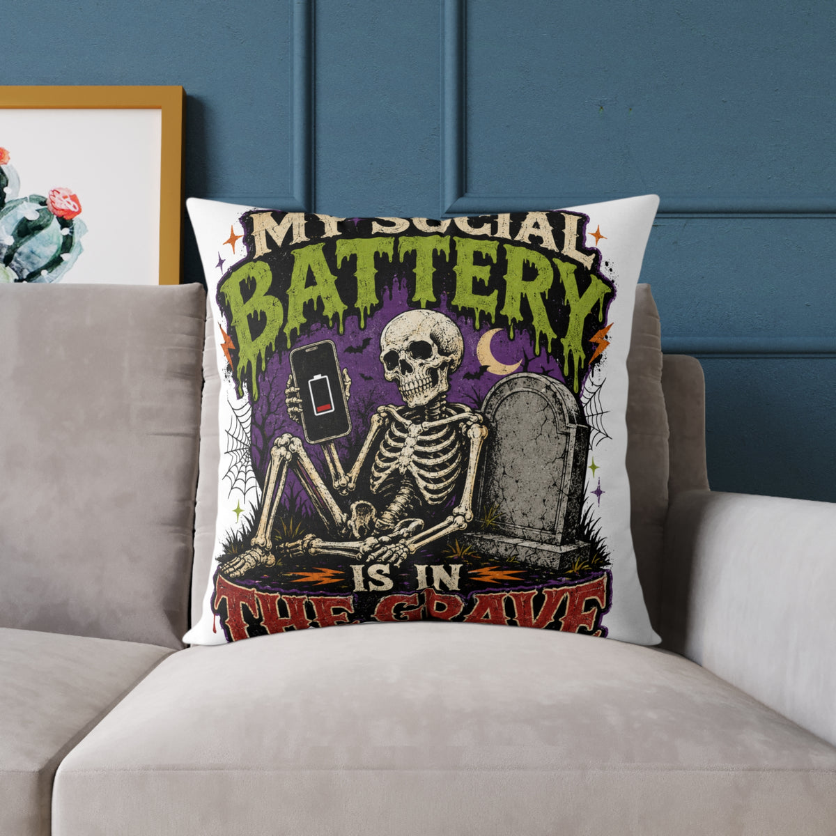 Halloween Skull Pillow — “My Social Battery Is In The Grave” Gothic Decorative Throw Pillow
