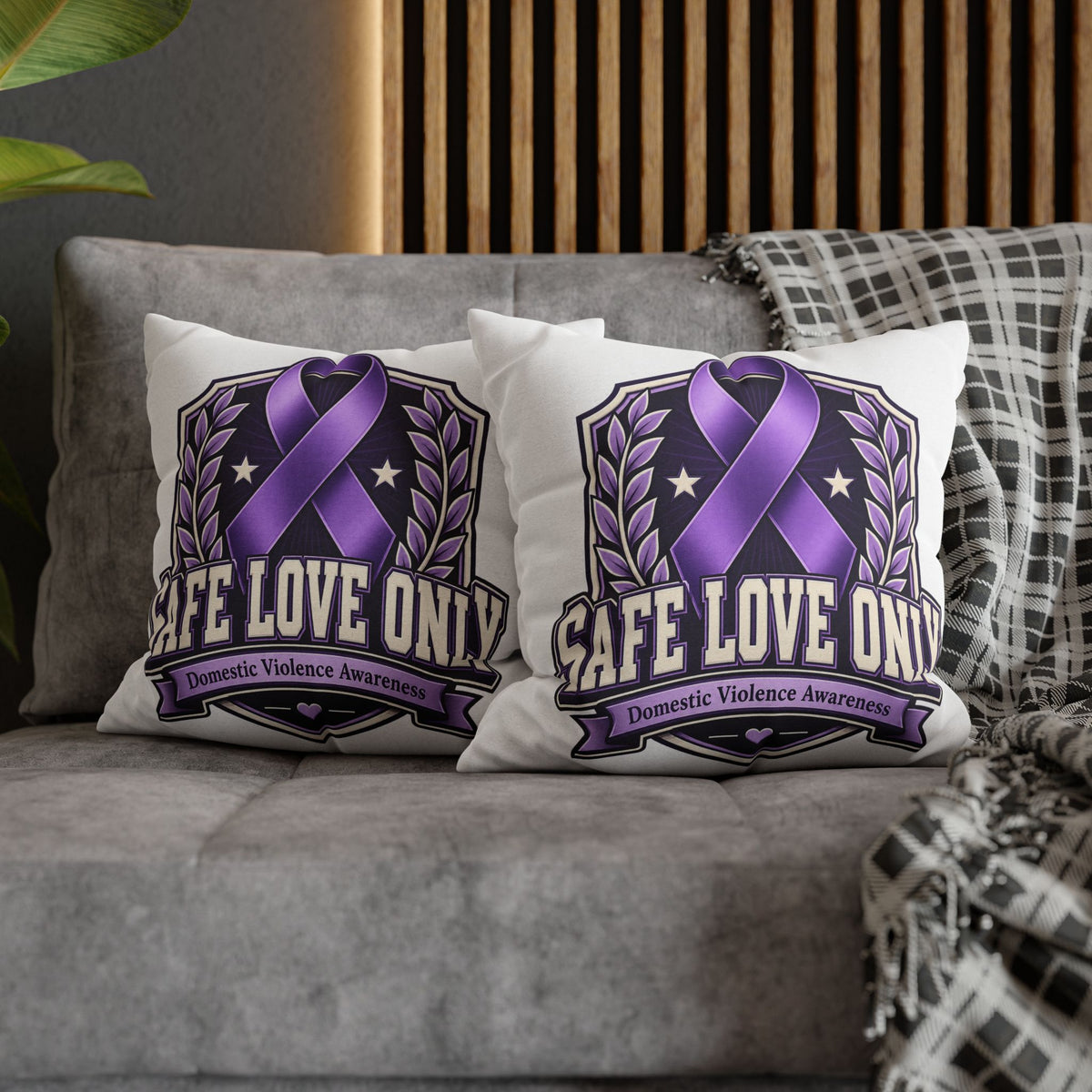 Domestic Violence Awareness Pillow — "Safe Love Only" Purple Ribbon Accent