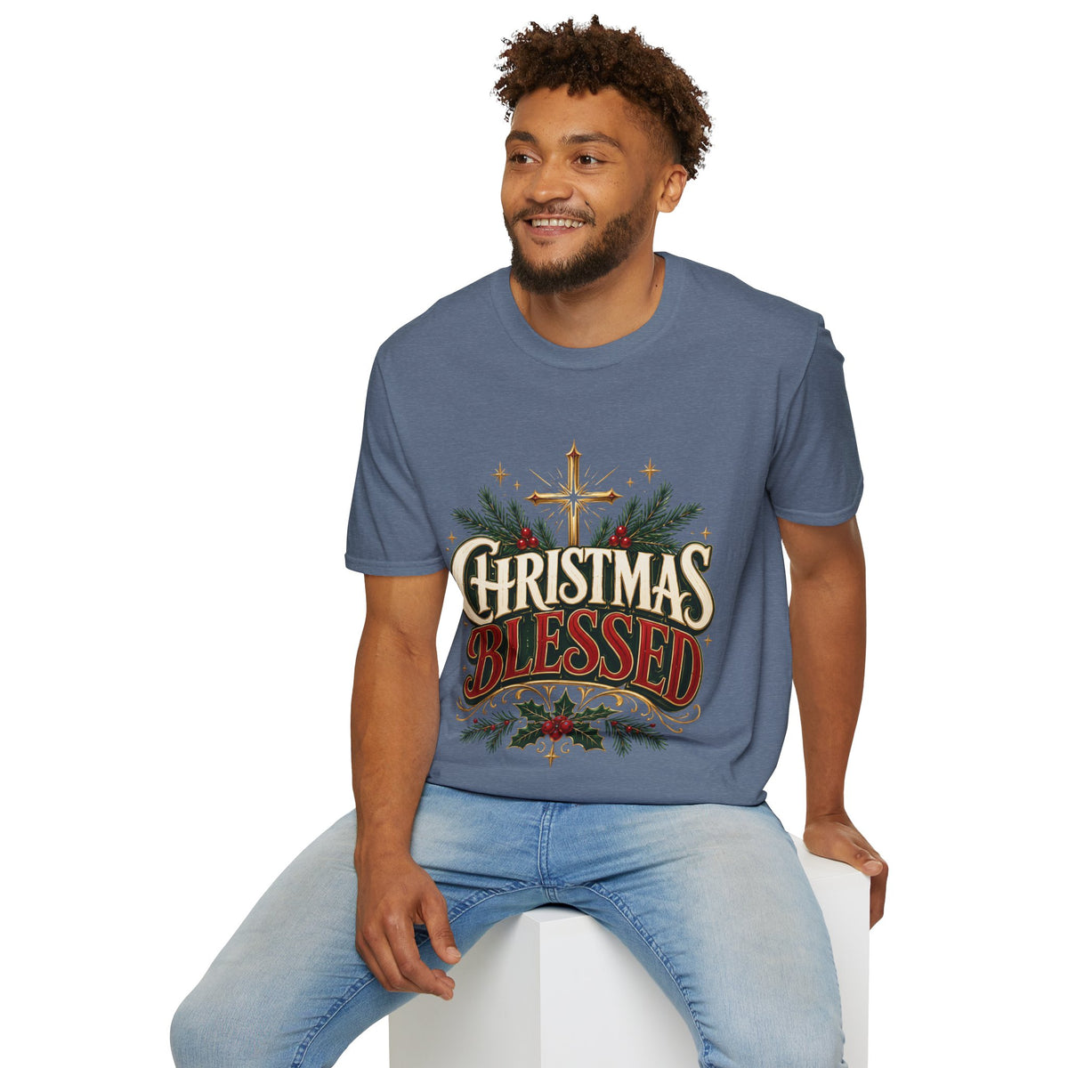 Christmas Blessed T-Shirt — Faith-Based Holiday Tee with Cross & Pine Design