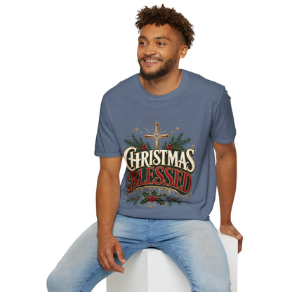 Christmas Blessed T-Shirt — Faith-Based Holiday Tee with Cross & Pine Design