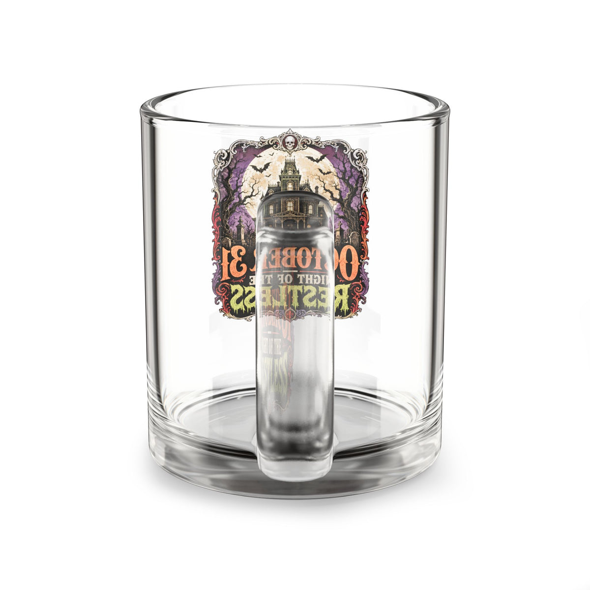 Halloween Glass Mug 10 oz  Glass Mug — "October 31 Night of the Restless" Haunted House Halloween Coffee Cup