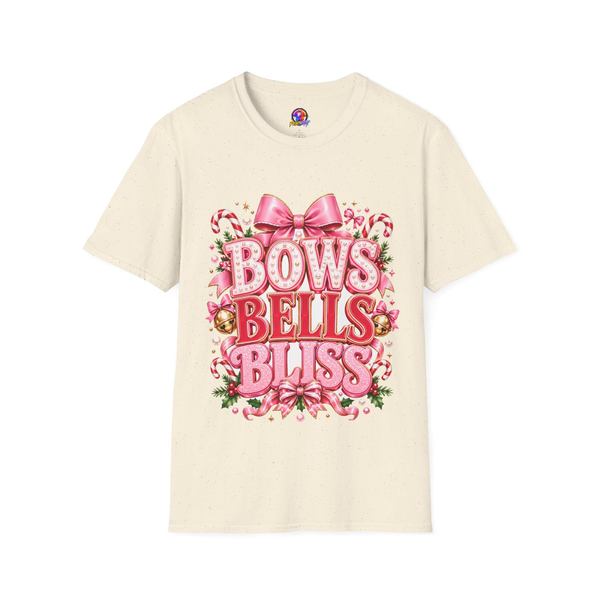 Bows Bells Bliss Christmas T‑Shirt — Pink Holiday Bow Graphic