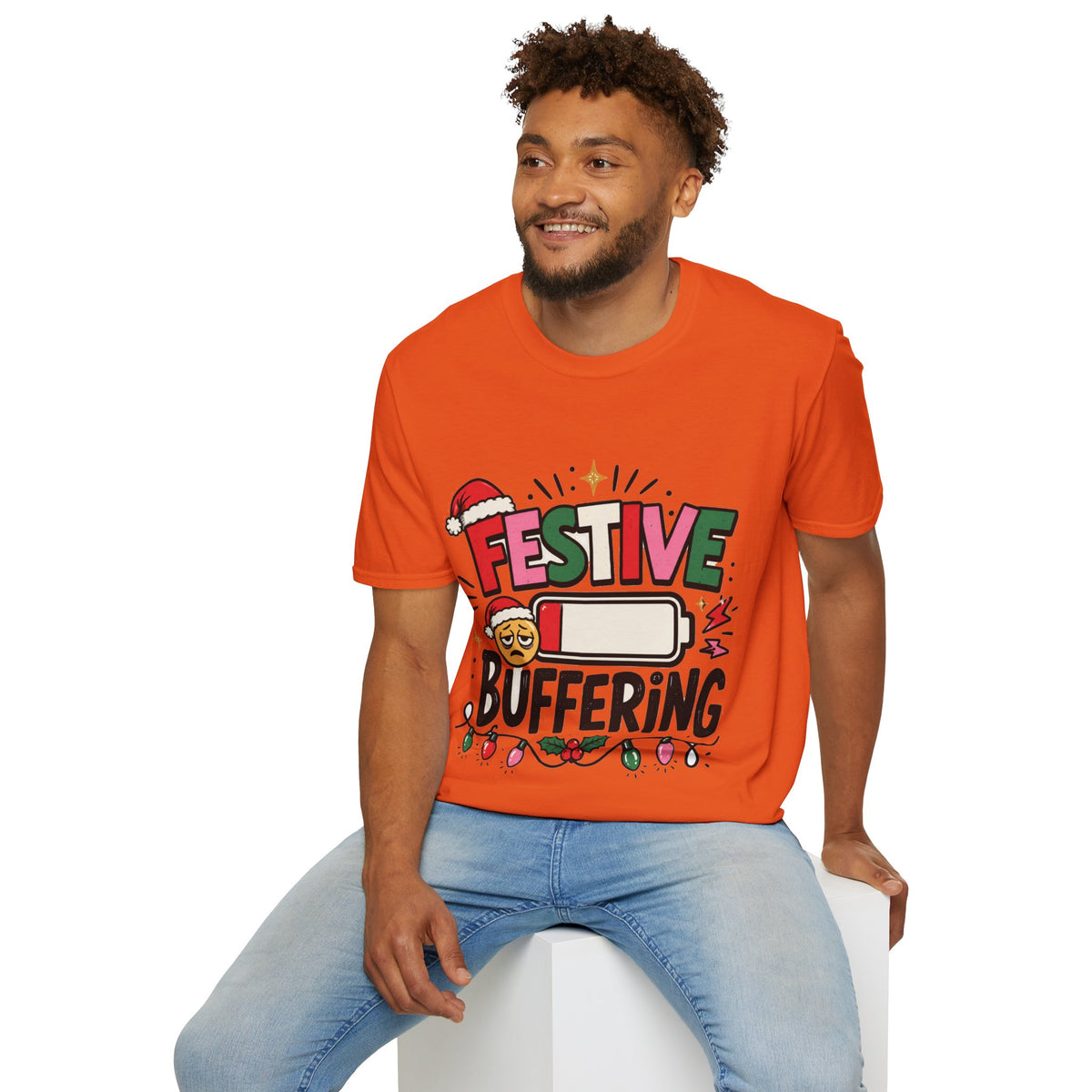 Festive Buffering T-Shirt — Funny Holiday Christmas Tee with Loading Battery Design