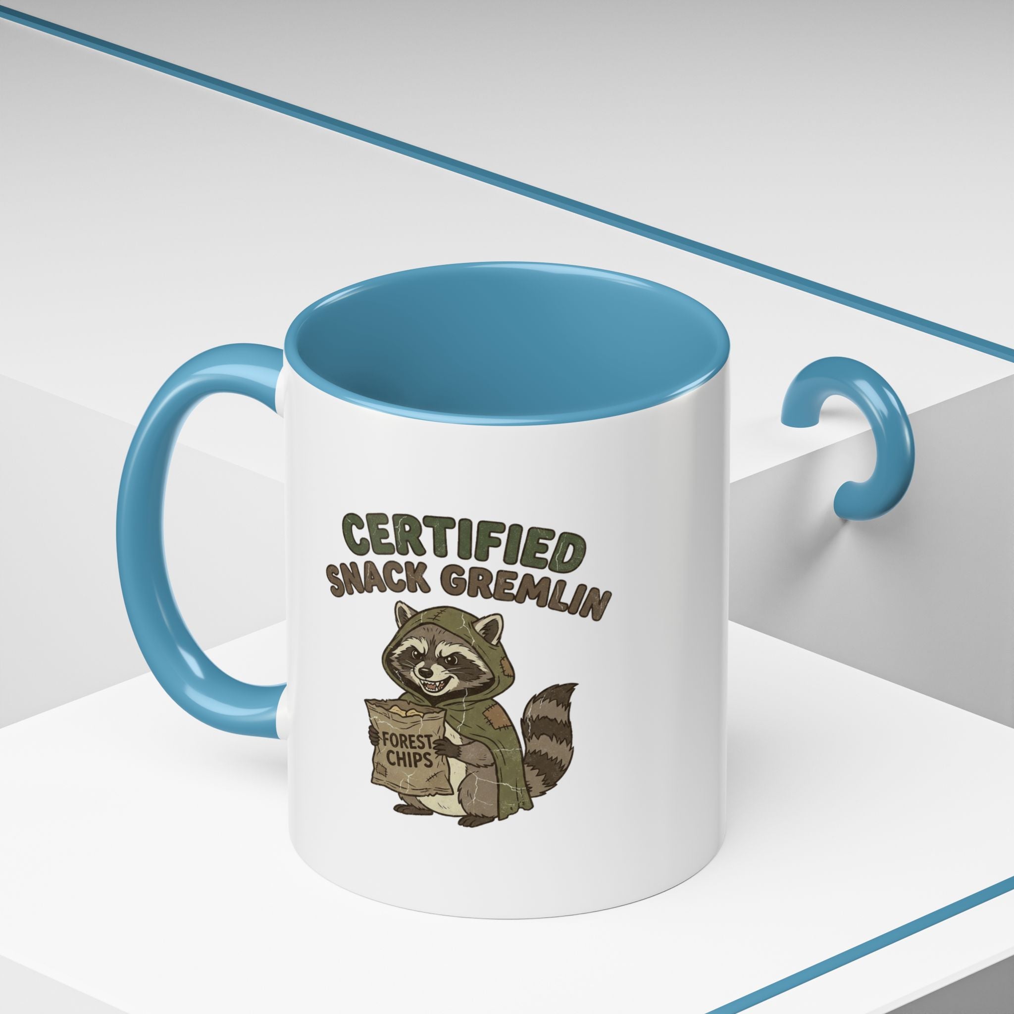 Funny Certified Snack Gremlin Coffee Mug — Cute Raccoon Snack Lover Accent Mug
